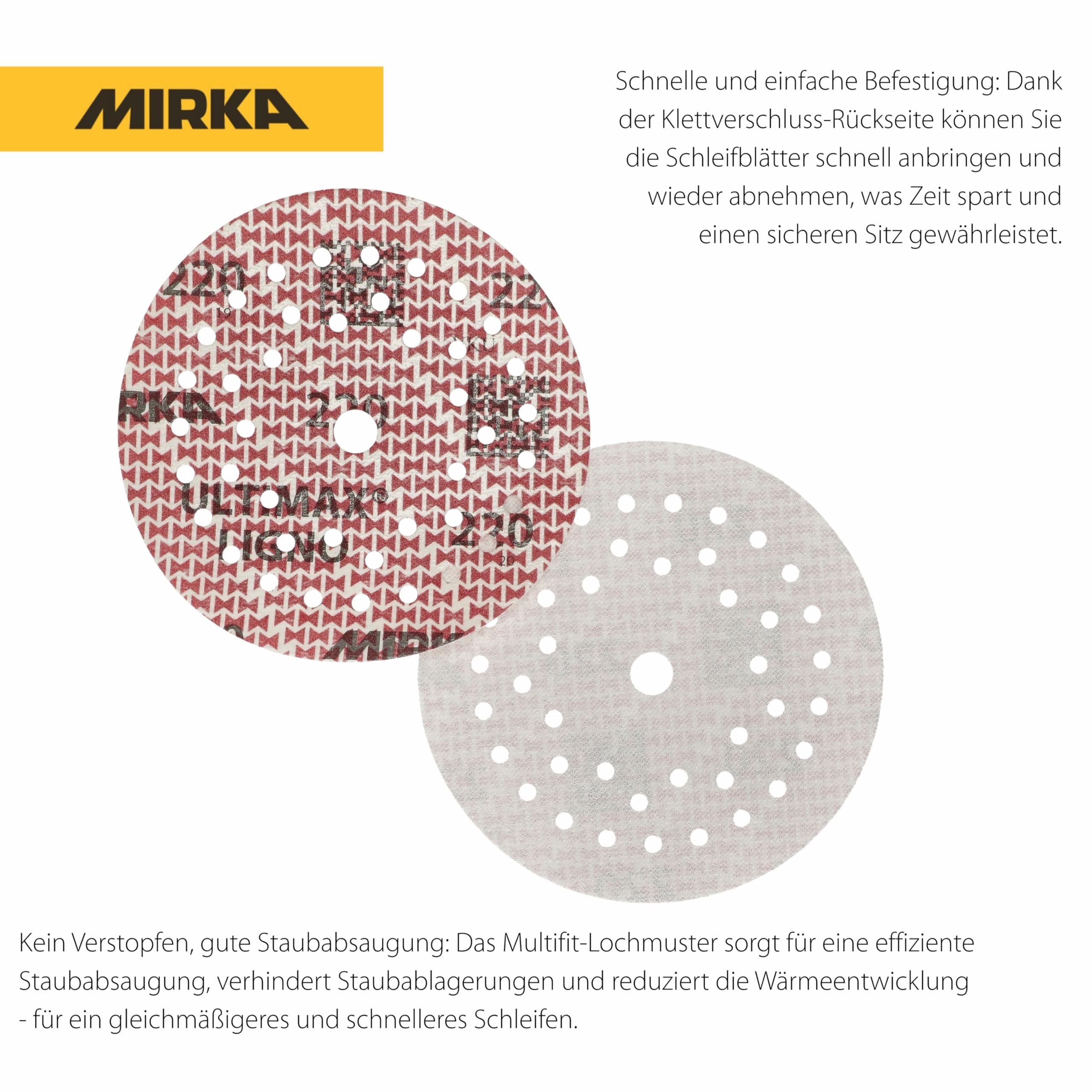 Mirka tarcze szlifierskie Ultimax Ligno 125 mm rzep Multifit | Tarcze szlifierskie Mirka do drewna z ziarnem 220, multiperforacja, kompatybilne z szlifierkami mimośrodowymi i oscylacyjnymi