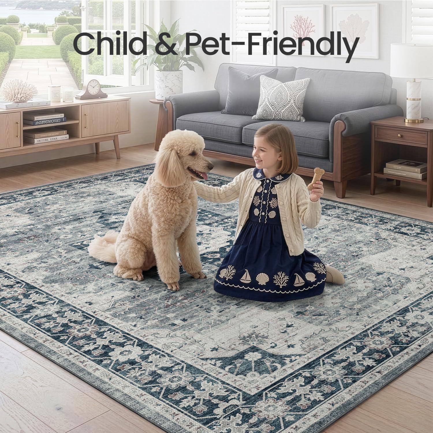 DEXI Washable Area Rug for Living Room 10x14, Vintage Farmhouse Soft Indoor Large Rugs, Stain Resistant Low Pile Carpet with Non Slip Backing for Dining Bedroom Office, Blue Grey