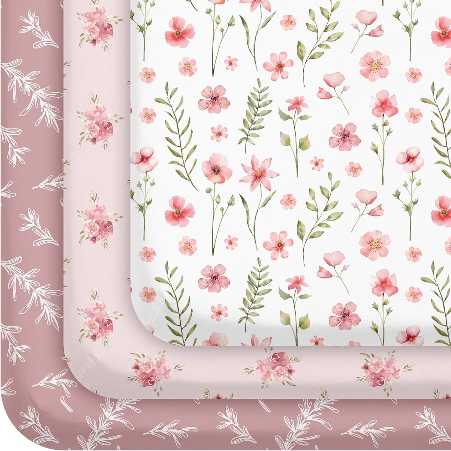 Pack and Play Mattress Sheets Fitted, 3 Pack Mini Crib Sheets | Stretchy Playard playpen Sheet, Compatible with Graco Pack N Play Mattress, Soft and Breathable Material, Pink Floral