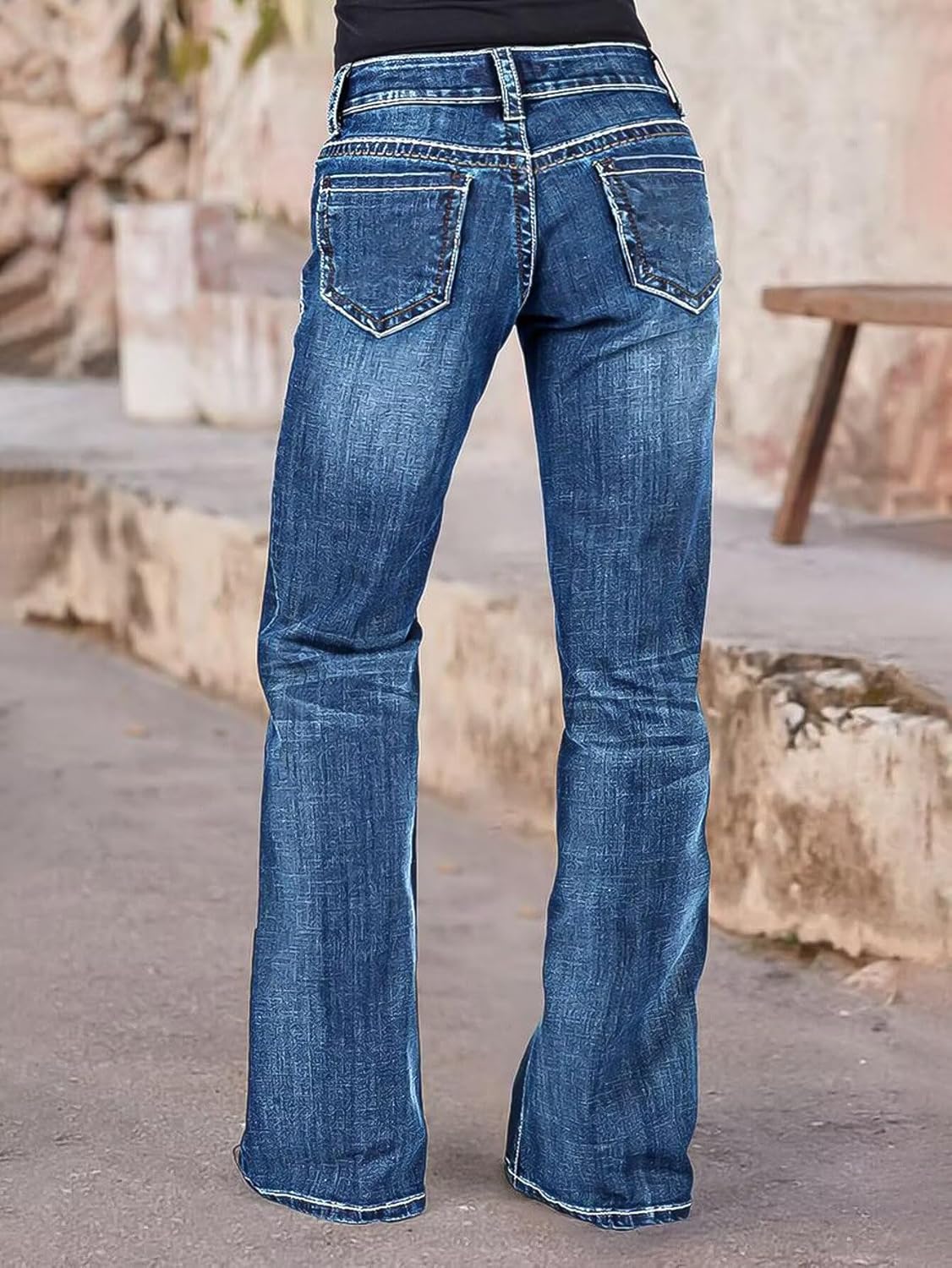 Flamingals Bootcut Jeans for Women Mid Waist Denim Washed Skinny Pants with Patch Pockets - Image 3