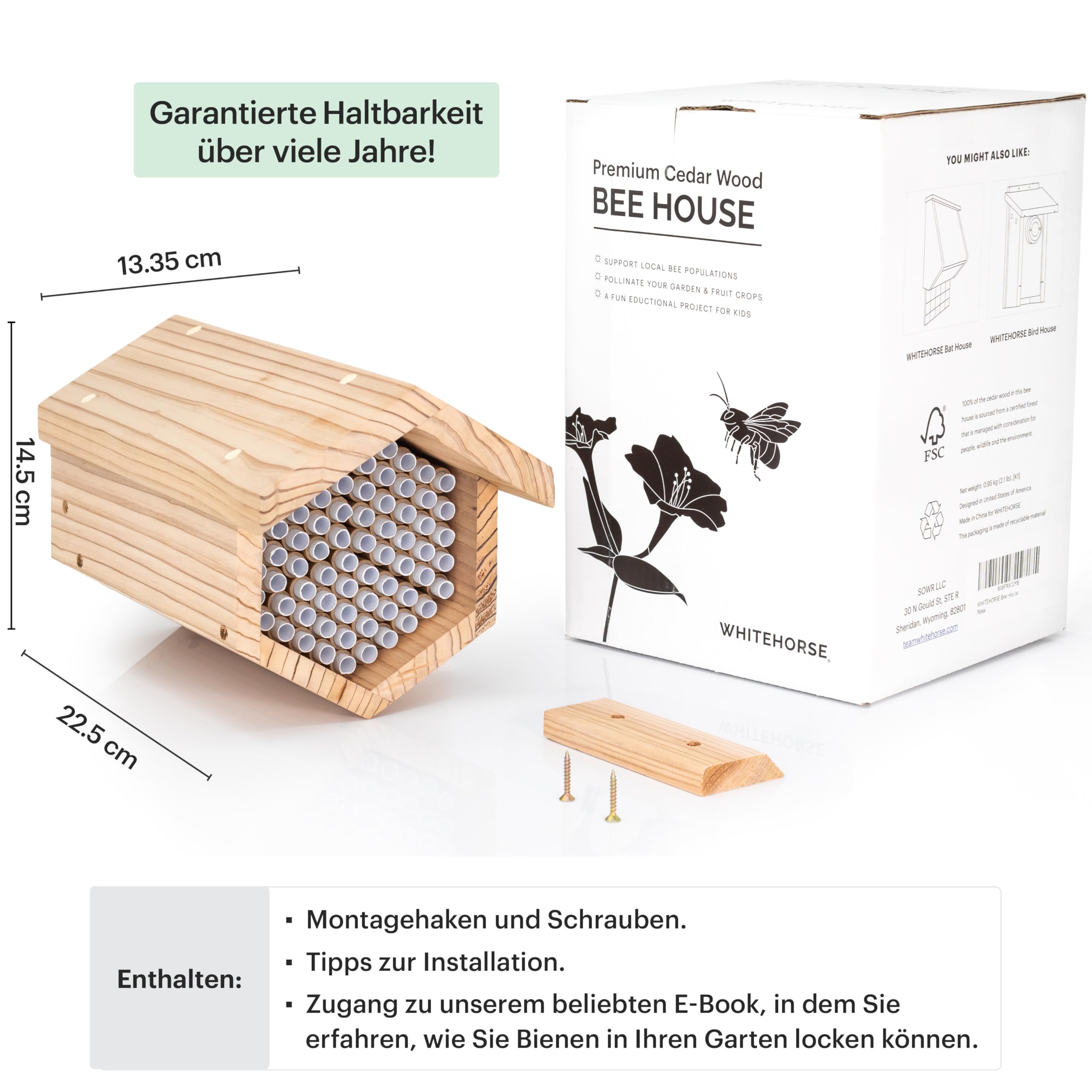 WHITEHORSE Premium-Bienenhaus – Aus Zedernholz – 15 cm Lange austauschbare Röhren – EIN Insektenhotel für die Ewigkeit – Unterstützen Sie Bienen bei der Bestäubung Ihres Gartens