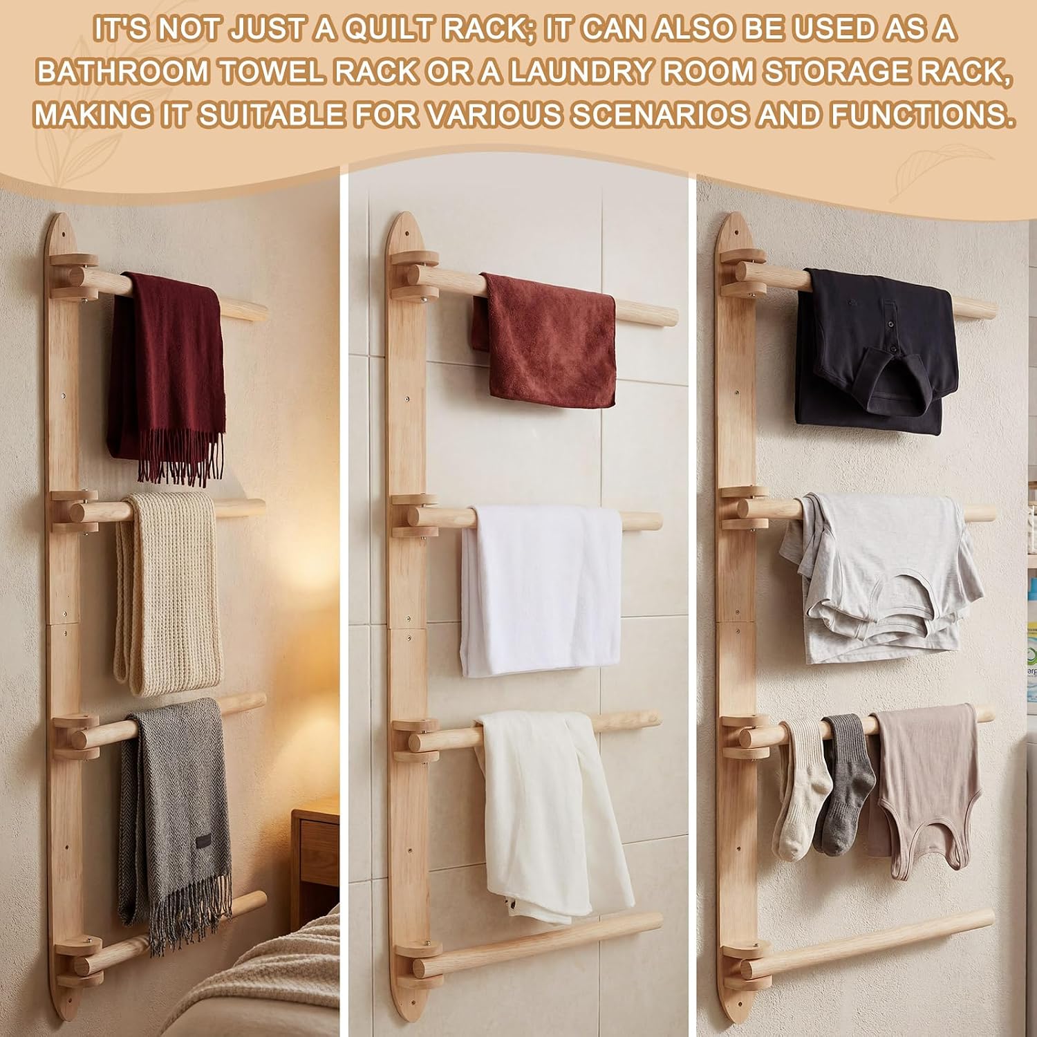 Sintuff Wall Quilt Rack with 4 Rotating Arms - Wooden Vertical Display Storage, Breathable Design, Easy Install for Small Spaces, Apartments, Garages & Laundry Rooms