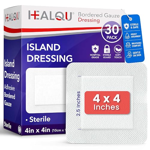 HEALQU Island Dressing - 4"x4", 30 Count - Bordered Gauze Sterile Individually Wrapped Gauze Pads, Water-Resistant, Non-Woven Backing - Soft and Breathable Wound Dressing for First Aid and Medical