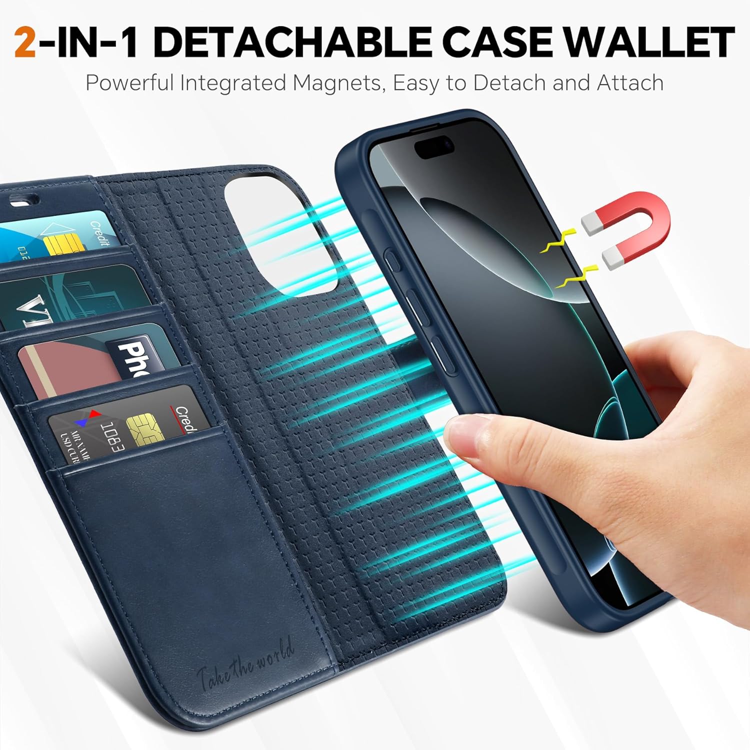 TUCCH Wallet Case for iPhone 16 Pro Max, [Removable] RFID Blocking 4 Card Slot Protective Wireless Charging Magnetic PU Leather Stand Detachable Folio Compatible with iPhone 16 Pro Max, Full Dark Blue