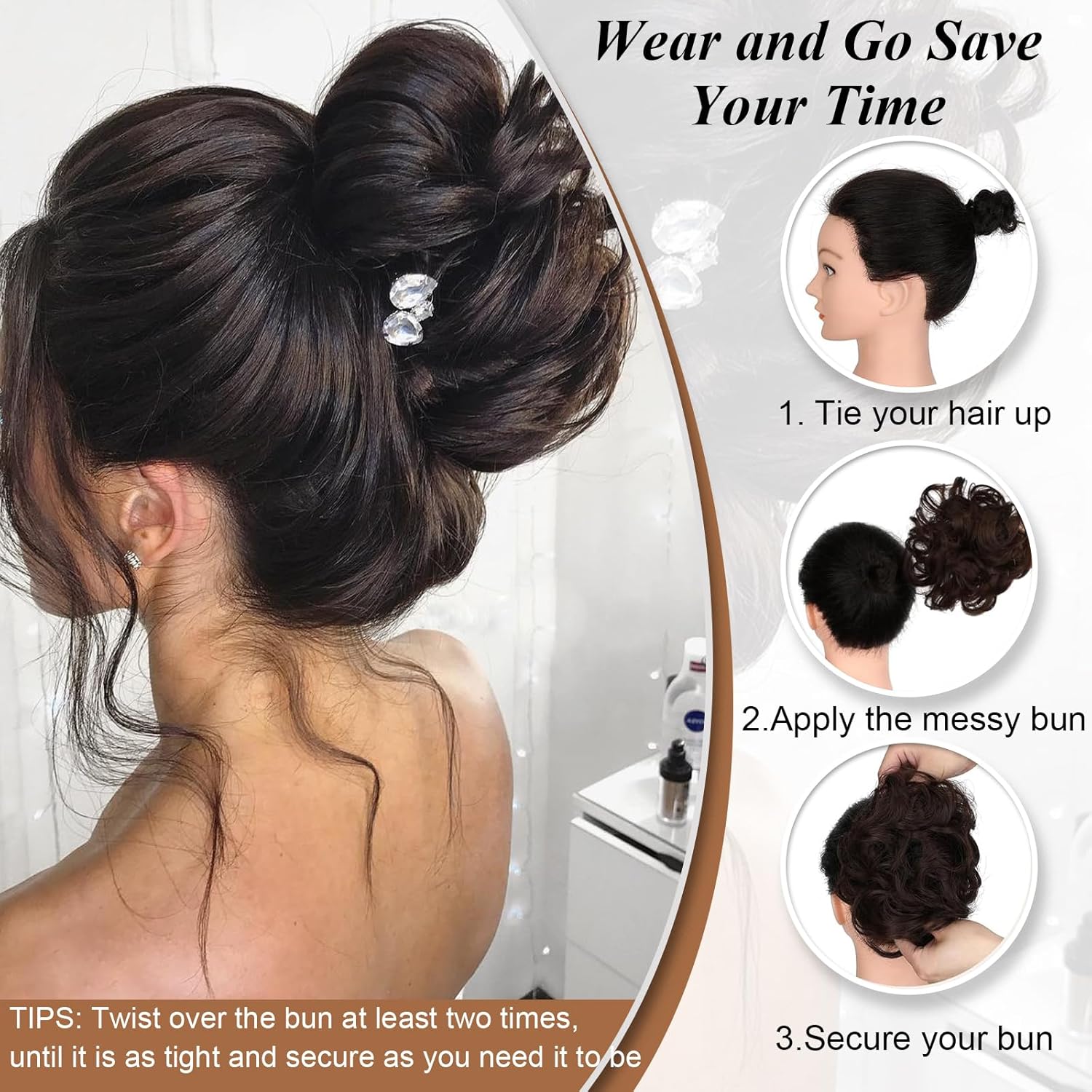 Messy Bun Hair Pieces for Women 2PCS Hair Bun Wavy Curly Synthetic Updo Chignon Fake Scrunchies Ponytail Extension for Women Medium Chestnut Brown - Image 6