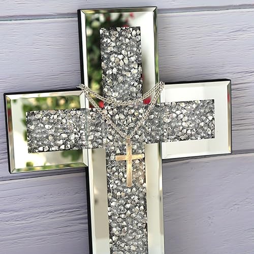 Miniatura 2 de GIMORRTO Decoración de pared con cruz de espejo - Espejo de cristal incrustado con diamante triturado de 15 x 10 pulgadas