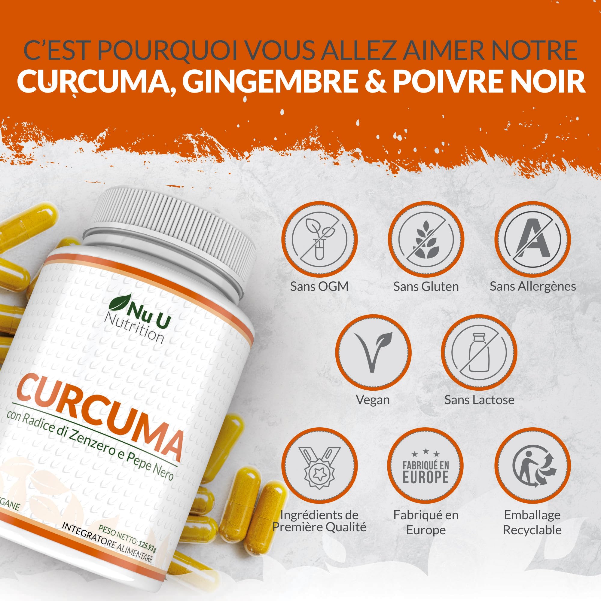 Curcuma Gingembre et Poivre Noir - 365 Gélules Vegan (1 An) - 95% de Curcumine - 720mg de Curcuma par Gélule de Haute Absorption - Fabriqué en Europe - Nu U Nutrition