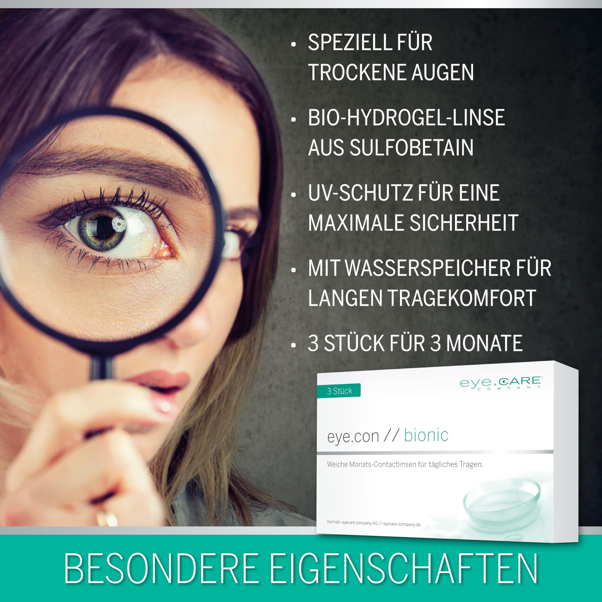 Eye.Con Bionic weiche Monatslinsen aus Bio-Hydrogel mit UV-Schutz – 3 Kontaktlinsen mit hoher Wasserbindung speziell für trockene Augen. Contact Lenses mit schonendem Randprofil für empfindliche Augen