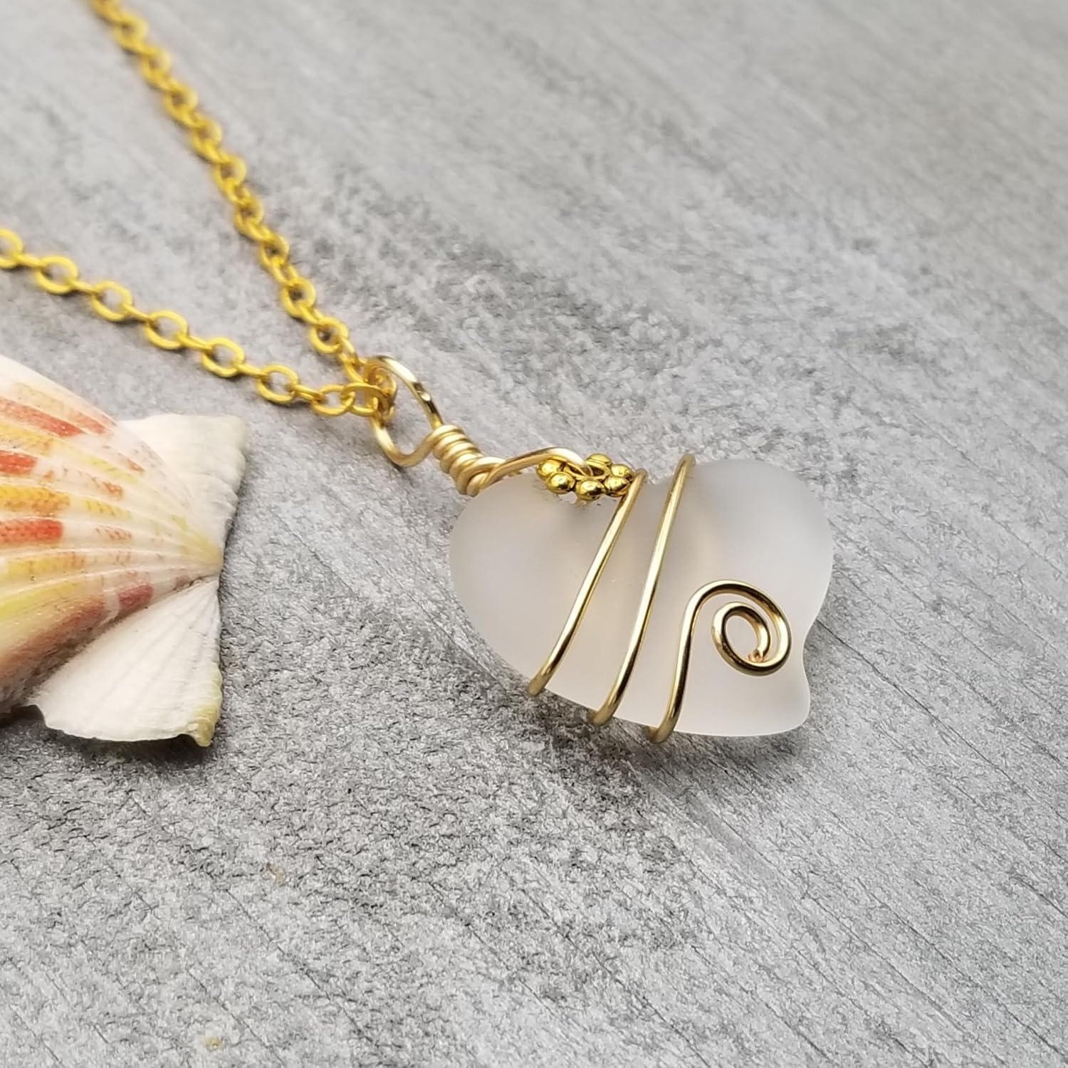 Handmade Sea Glass Necklace, Hawaiian Jewelry For Women, Gold Wire Heart Necklace, Unique Sea Glass Jewelry Gift For Women (Crystal - April)