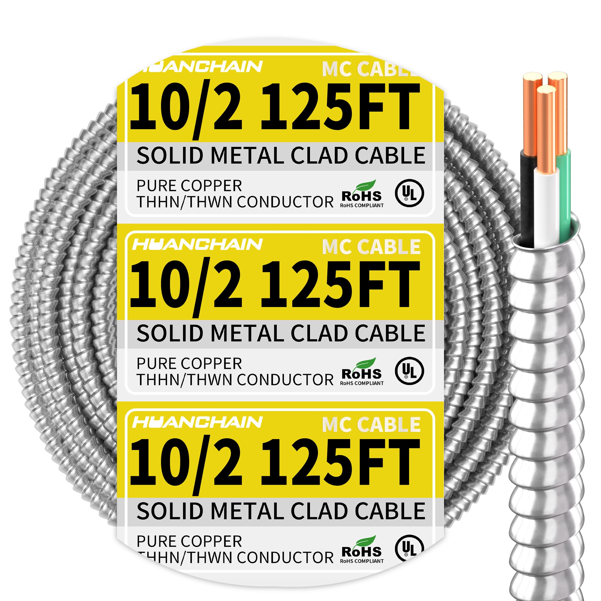 HUANCHAIN 10/2 MC Cable 125FT Solid Copper Wire with Aluminum Armor