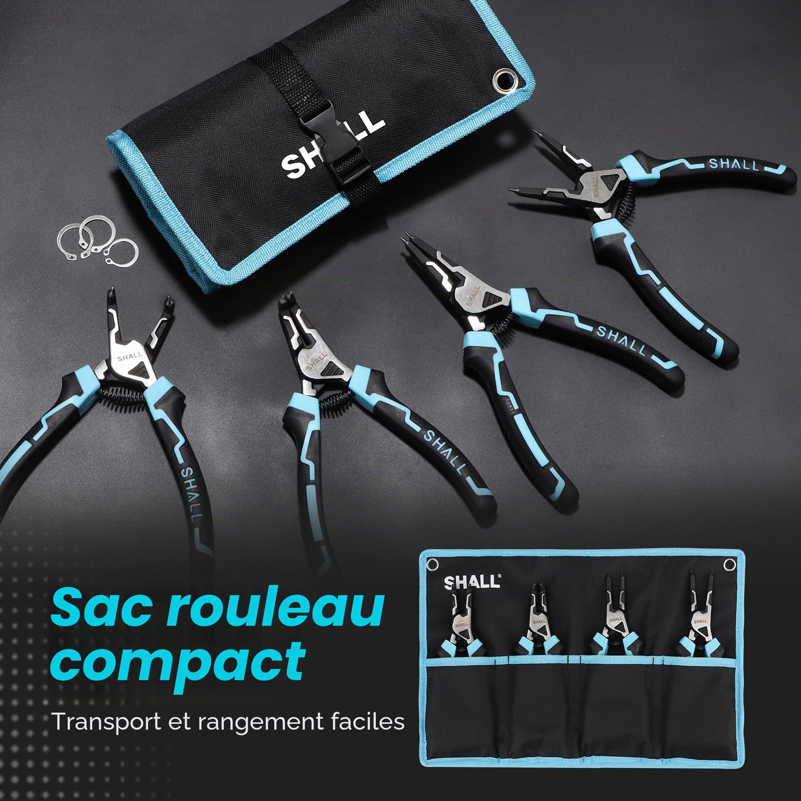 SHALL Jeu de circlips et pince, 4 pièces, pinces robustes de 7