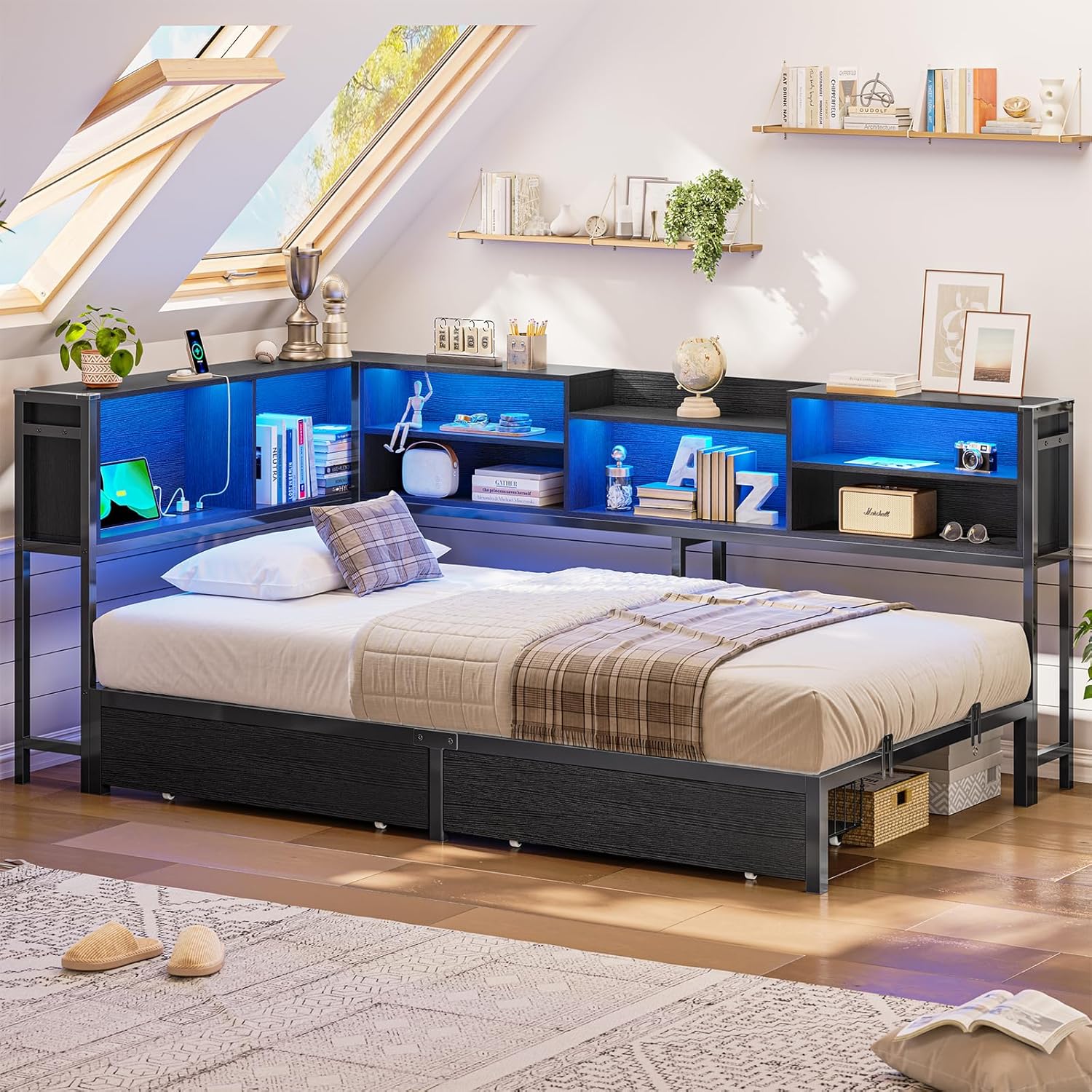Hasuit Corner Bed Frame Twin with 2 Drawers and Storage Bookcase, Daybed with Charging Station and LED Lights, Metal Platform Bed with Bookshleves,Twin Size Bed Frame for Kids Teens Guests, Black