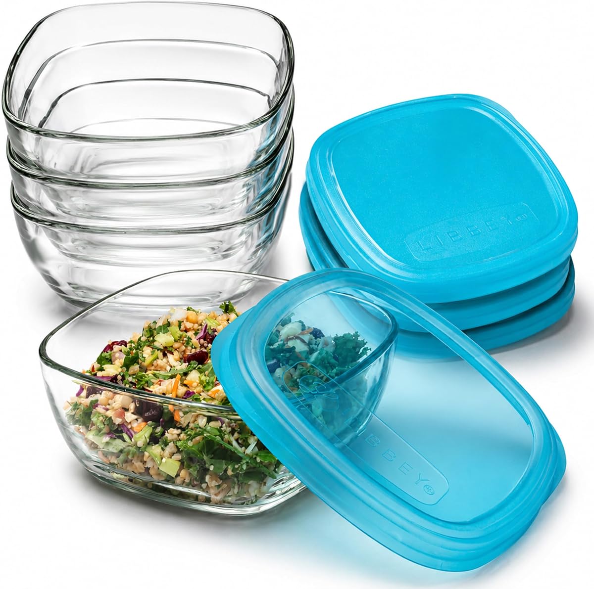 Libbey Serve It Juego de cuencos de vidrio para almacenamiento de 8 recipientes apilables de almacenamiento de alimentos de 6 tazas con tapas de ajuste cantado, juego de cuencos de vidrio para refrigerios, sobras o preparación de comidas