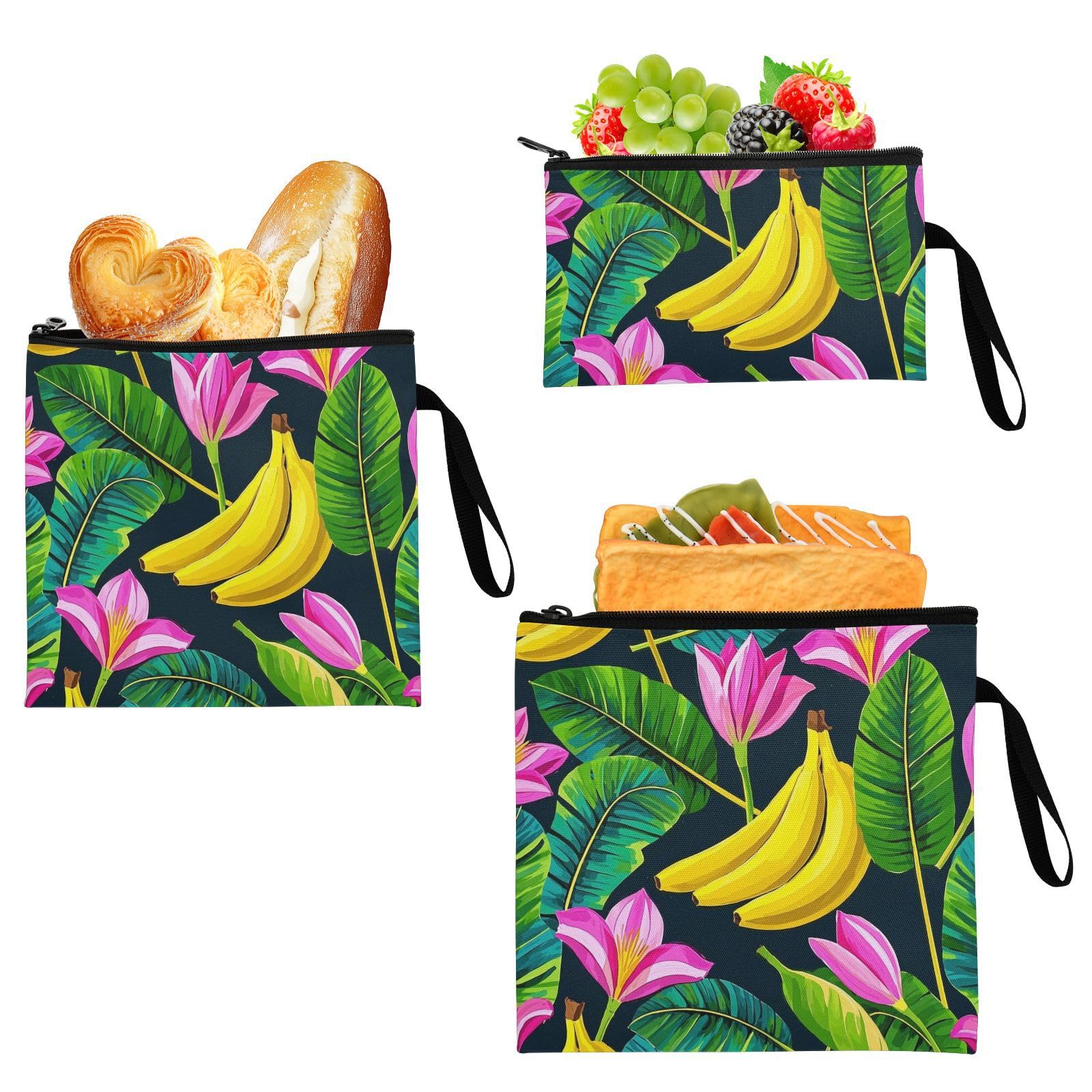 Fruit Banana Floral Fashion Black Pack of 3 Reusable Snack Bags and Sandwich Bags Portable Food-Safe Storage Zipper Bag for Kids Students Adults Food