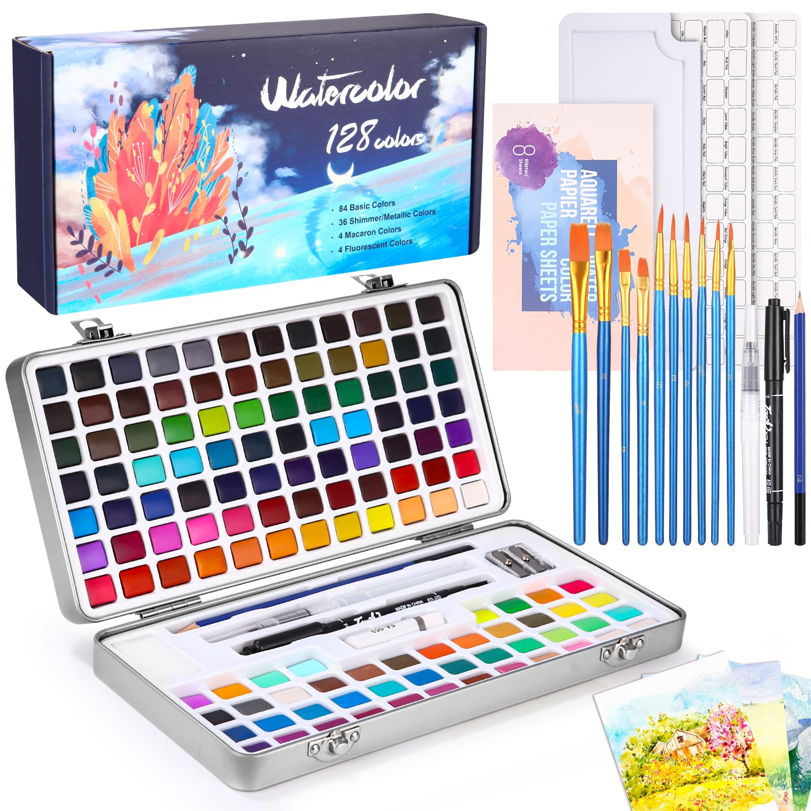 Set Di 100 Acquerelli In Scatola Di Bambù | Colori Vivaci Con Pigmenti Scintillanti E Fluorescenti | Kit Portatile Con Pennelli E Carta | Regalo Perfetto Per Artisti E Bambini - 3
