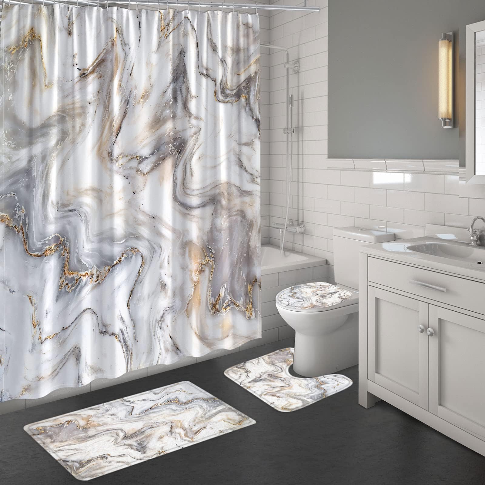 Amazon.com: MitoVilla Marble Bathroom Sets with Shower Curtain and Rugs ...