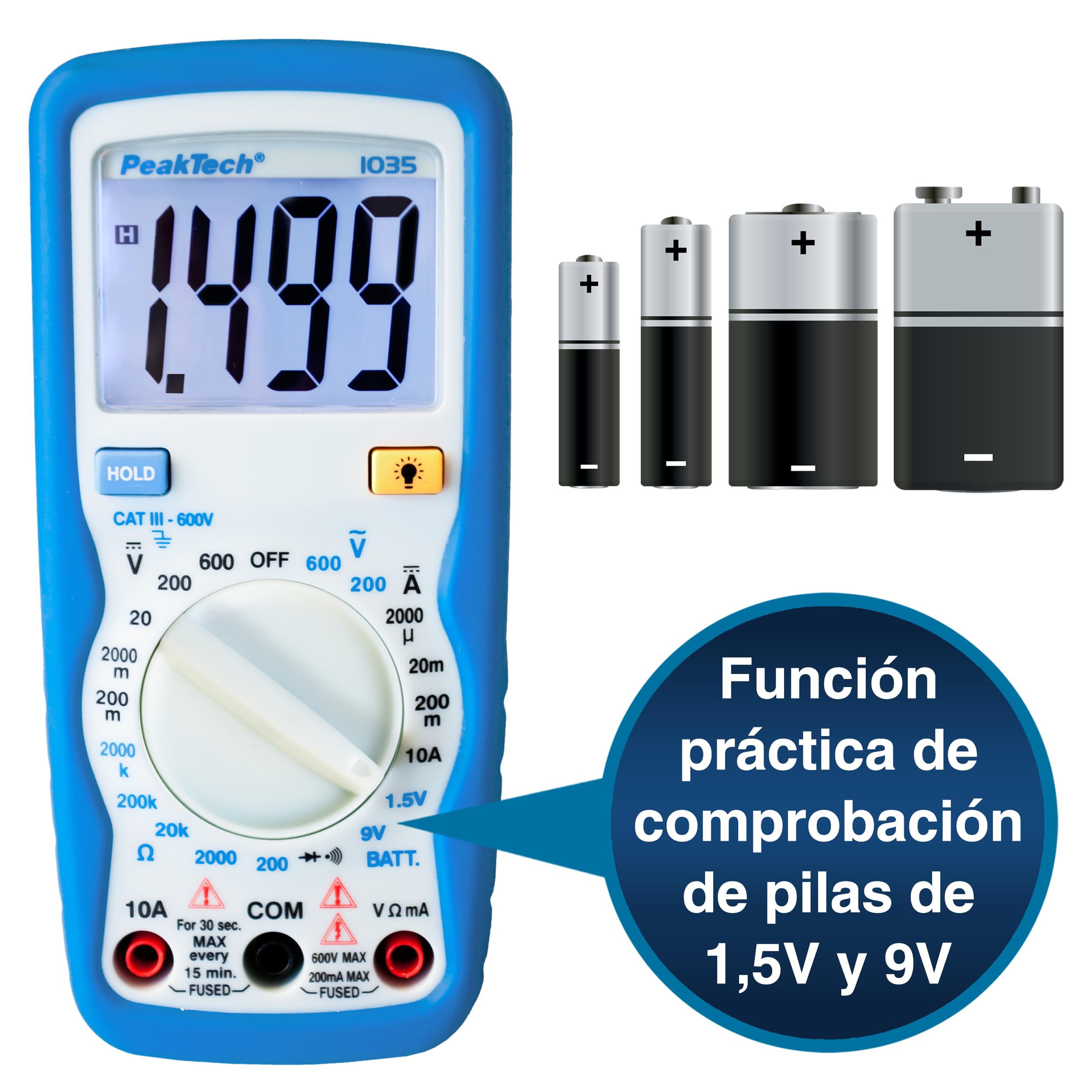 PeakTech 1035 – Multímetro digital CAT III con pantalla, probador de batería, multímetro de mano, dispositivo de medición, voltímetro, medición de corriente, probador de continuidad - máx.600 V