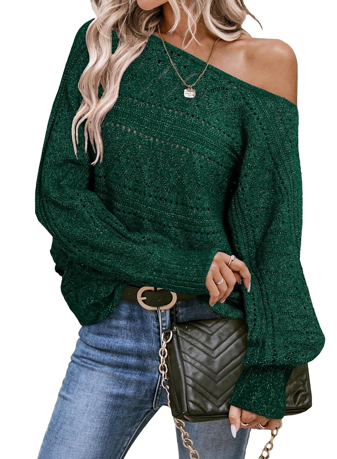 EVALESS Womens Crochet Boat Neck Long Sleeve Loose Fit Sweaters Fall Winter Clothes for Women Fashion 2025