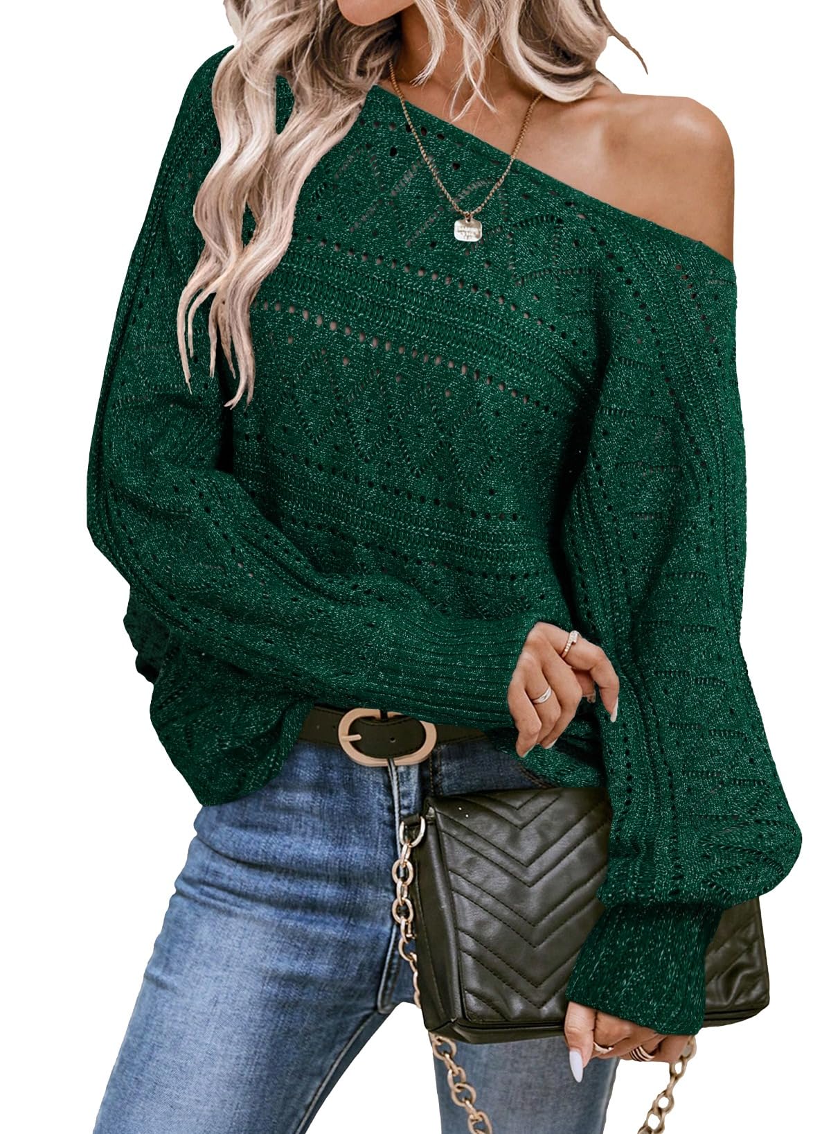 EVALESS Womens Crochet Boat Neck Long Sleeve Loose Fit Sweaters Fall Winter Clothes for Women Fashion 2025