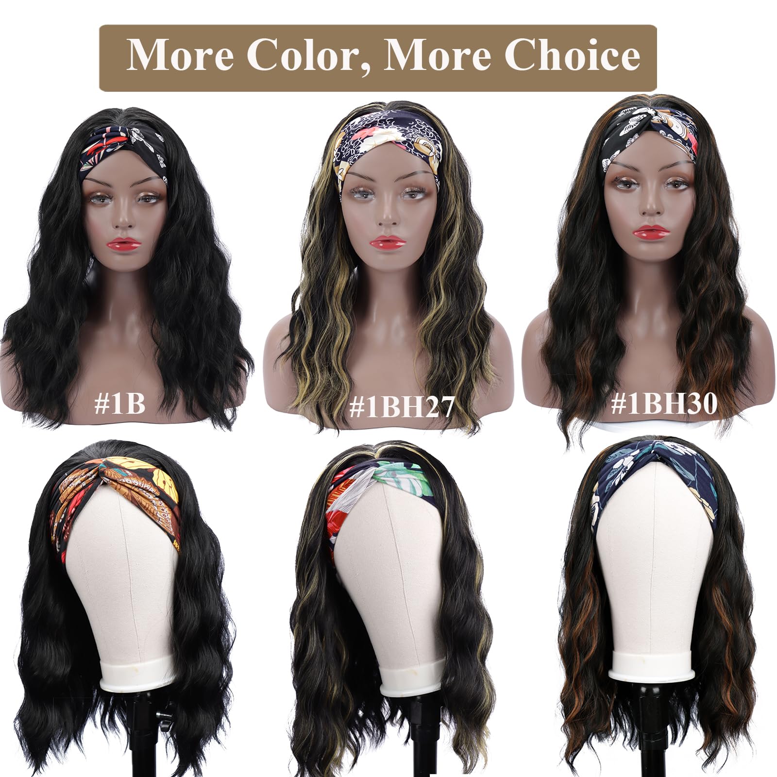 Colorful Queen Parrucca Con Cerchietto Senza Colla, Sintetico, Lungo, Nero, Onda, Fascia, Parrucche Per Donne Nere, Ondulate, Resistente Al Calore, 180% Densità (16 Pollici, 1B/H27#)