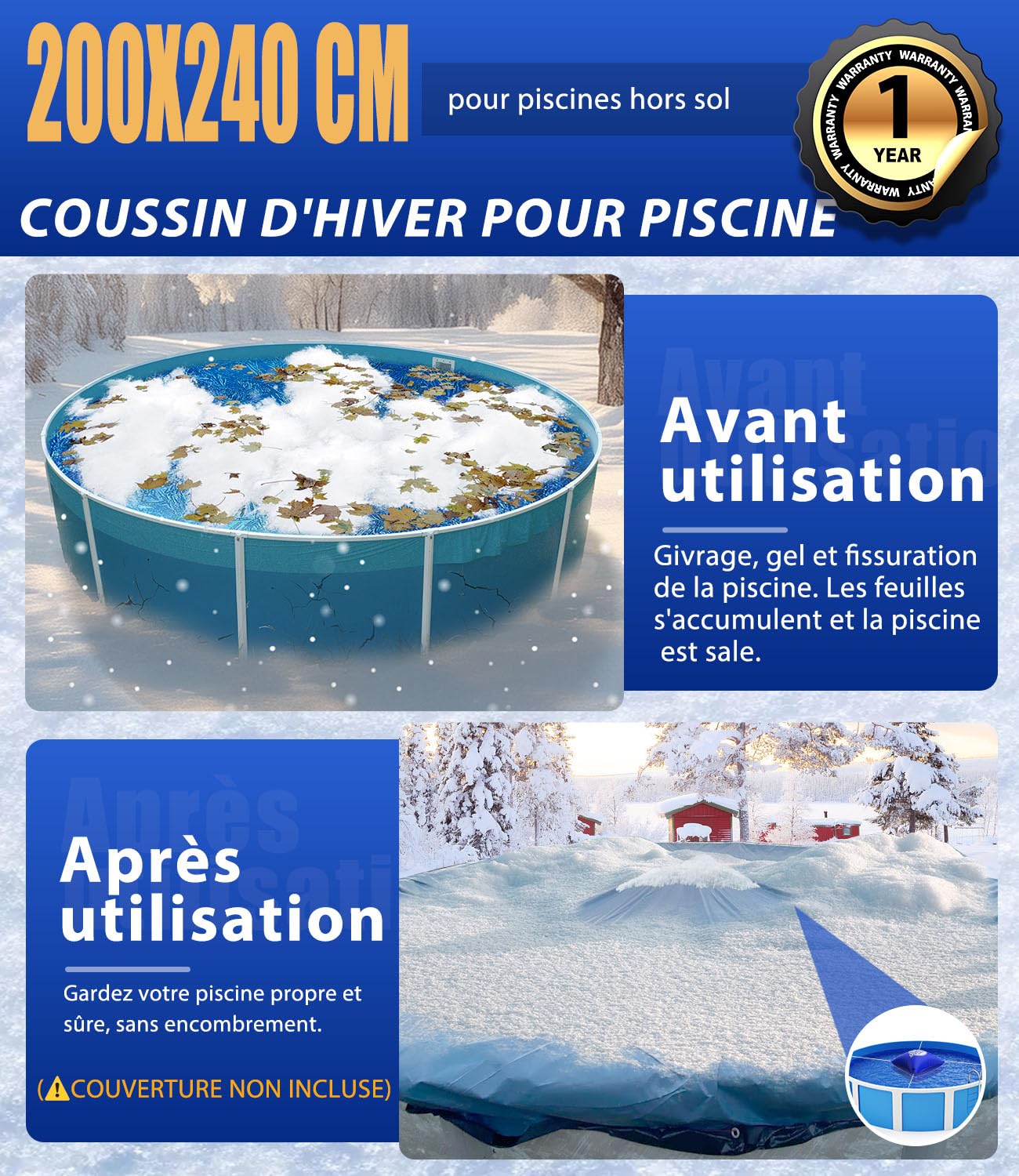 Angooni Coussin de piscine d'hiver XXL 200 x 240 cm | Coussin d'air pour piscine avec double couture pour couverture de piscine | Coussin de piscine pour l'hiver | Avec valve Boston double inflation |