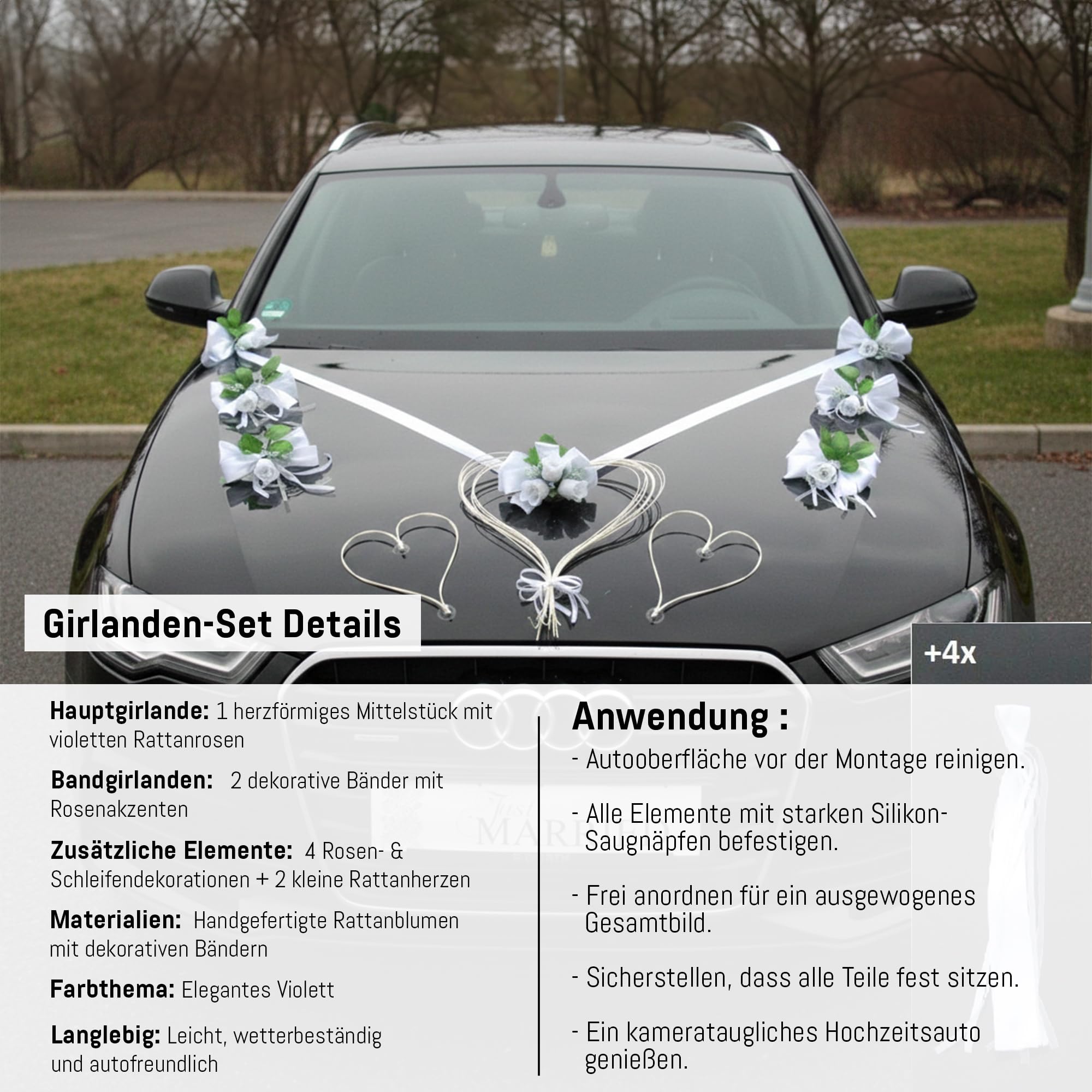 Autoschmuck Décoration de mariage pour voiture - En forme de cœur - Pour couple de mariée - En organza - Guirlande de voiture - Blanc pur