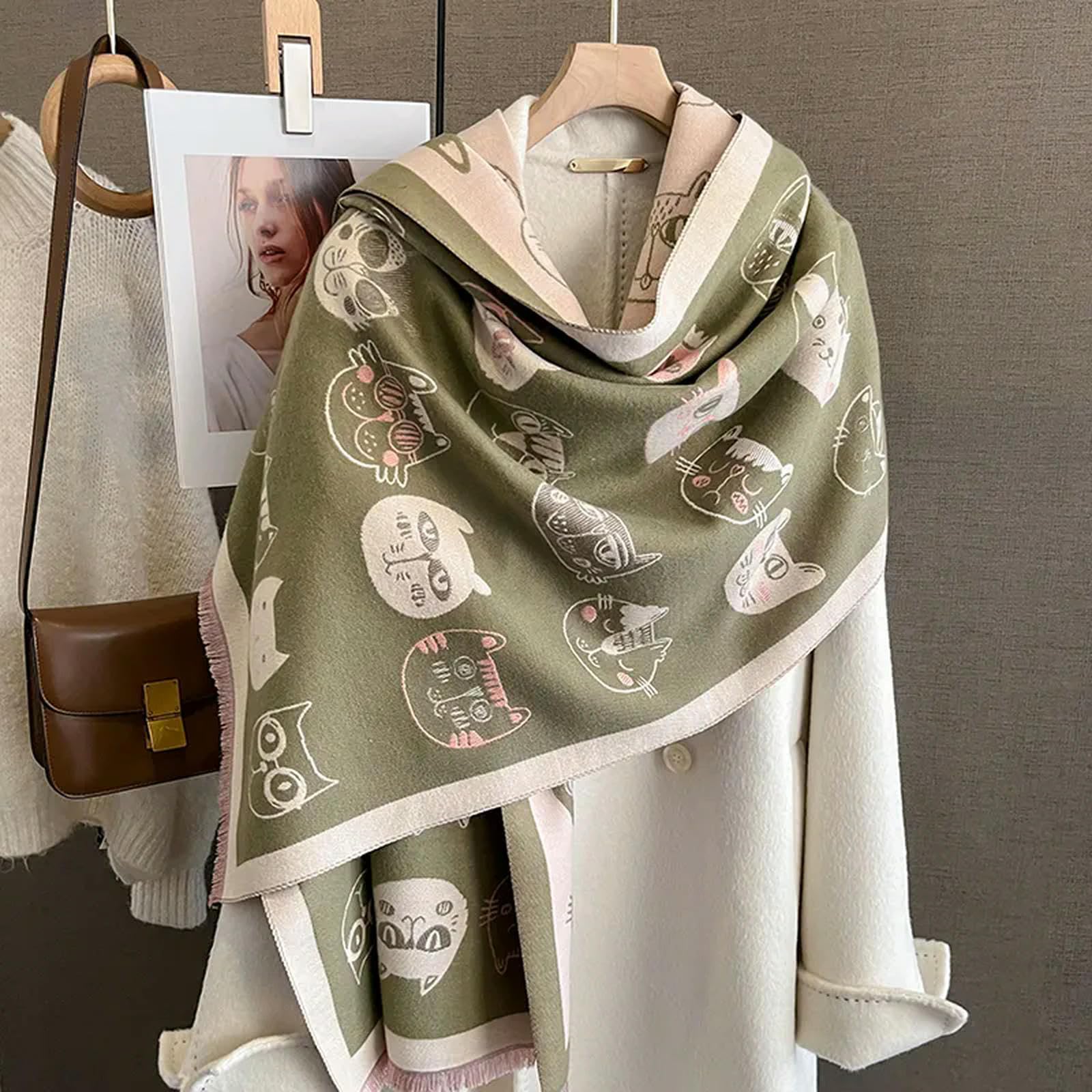 MdybF Szalik damski jesień i zima podróż ciepły sztuczny kaszmirowy szal szalik moda kobiety kot nadruk koc chusty damskie urocze ponczo