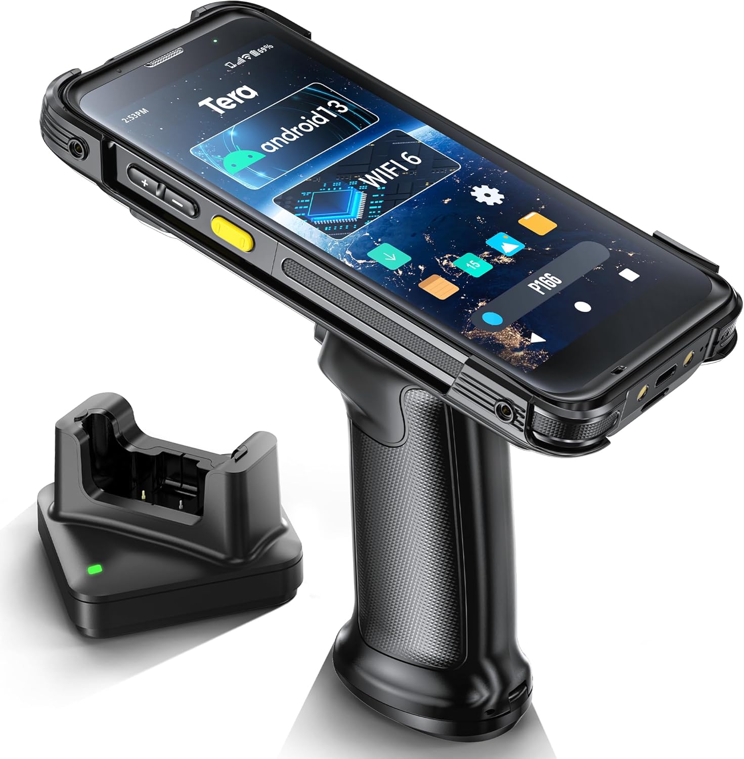 Tera Android 13 Barcode Scanner PDA: with Pistol Grip Charge Cradle Wi-Fi 6 Qualcomm CPU SE4710 Zebra Scanner Data Terminial 5.5” Full Touch Screen IP65 Rugged 4G GPS BT for WMS Management P166GC