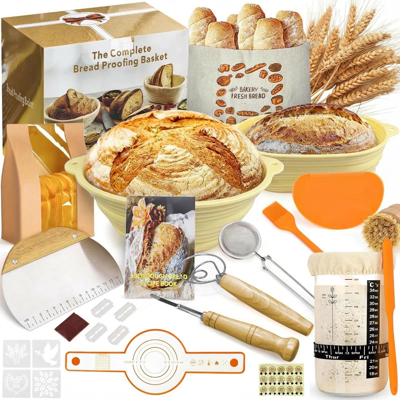 Cottura del Pane lievitazione Set Silicone Pieghevole Rotondo da 23 cm e uno ovale da 25 cm un Barattolo per Lievito Madre Accessori per Cottura Ideale per Cottura Domestica e Professionale