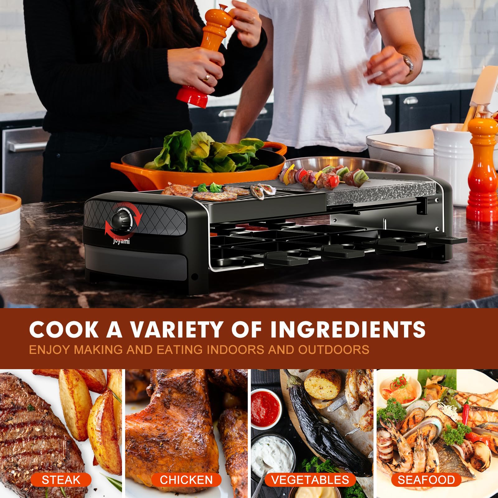 Griglia Elettrica JOYAMI Raclette da Tavolo con Pietra Naturale e Piastra Grill, Raclette con Piastra Antiaderente e 8 Pentolini,Griglia Elettrica per Grigliate Gratinati, Acciaio Inossidabile, 1400 W