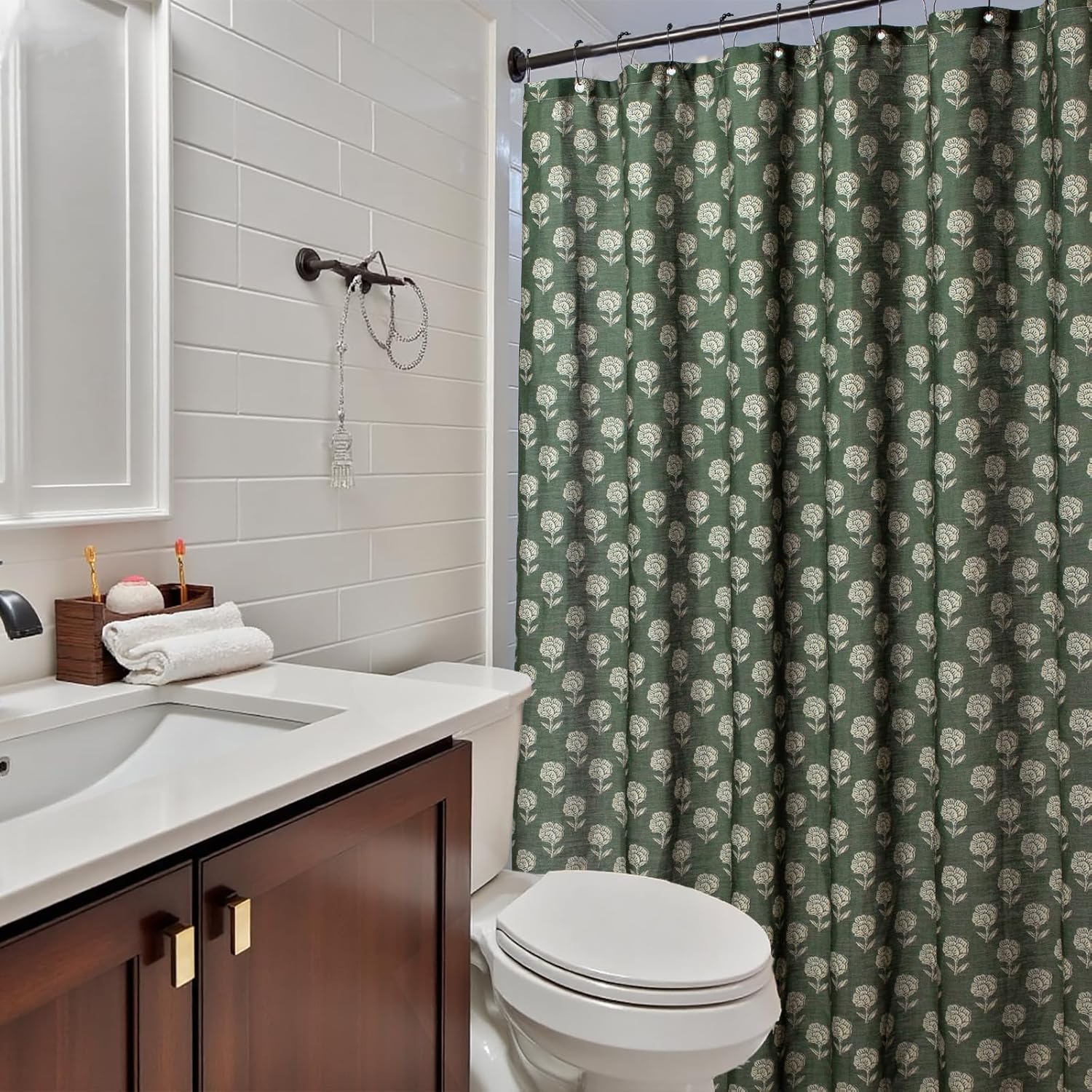 MUGINYU Green Floral Shower Curtain Linen Texture- Vintage Block Print Cottage Core Shower Curtain Set,Rustic Farmhouse Frenchy Bathroom Decor 72x72 Inch