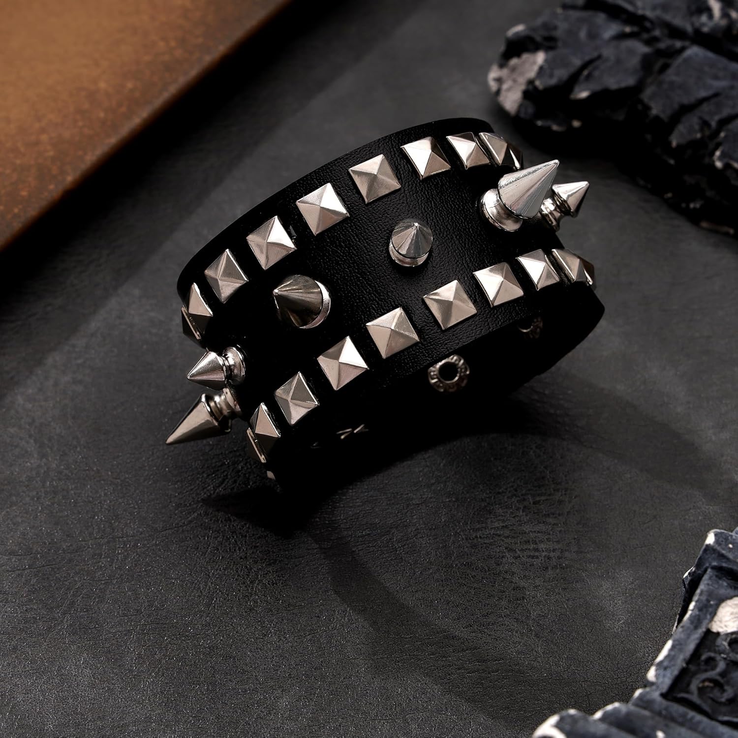 Manfnee PU Leather Braclet for Man Women Goth Punk Rock Leather Cuff Studded Wristband Black - Image 7