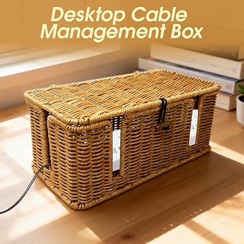 Cable Management Box, Handmade Rattan Cable Tidy Boxs Imitation Extension Lead Box Versatile Cables Organizer Storage Power Strip Organizer with Lid for Hiding Power Strips & Electrical Cords