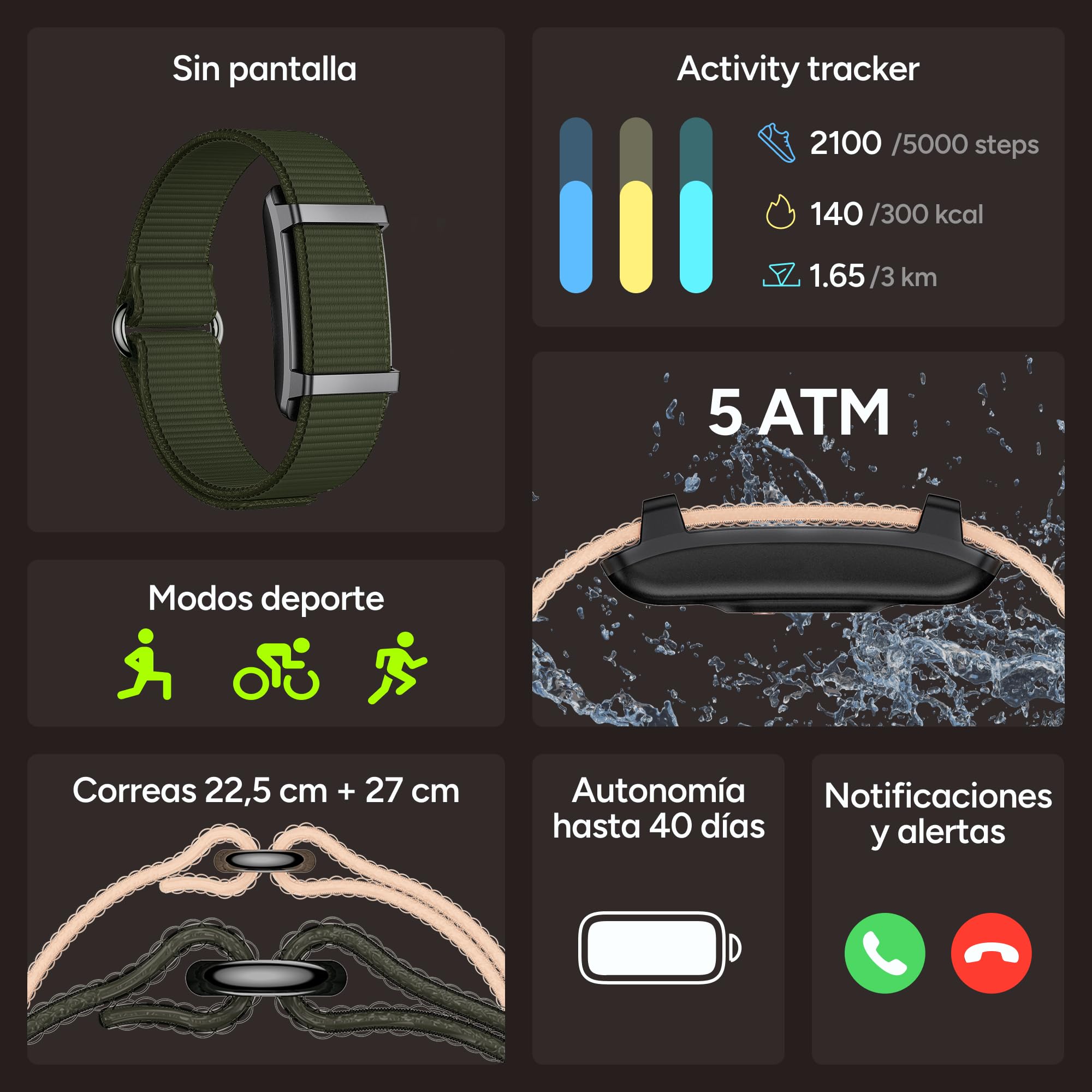 KSIX Vitalis Go Smartband sin Pantalla, Monitor Frecuencia Cardíaca, Oxígeno, Temperatura, Sueño, Estrés, 5 ATM, 30 Días Autonomía, 2 Correas Verde y Beige