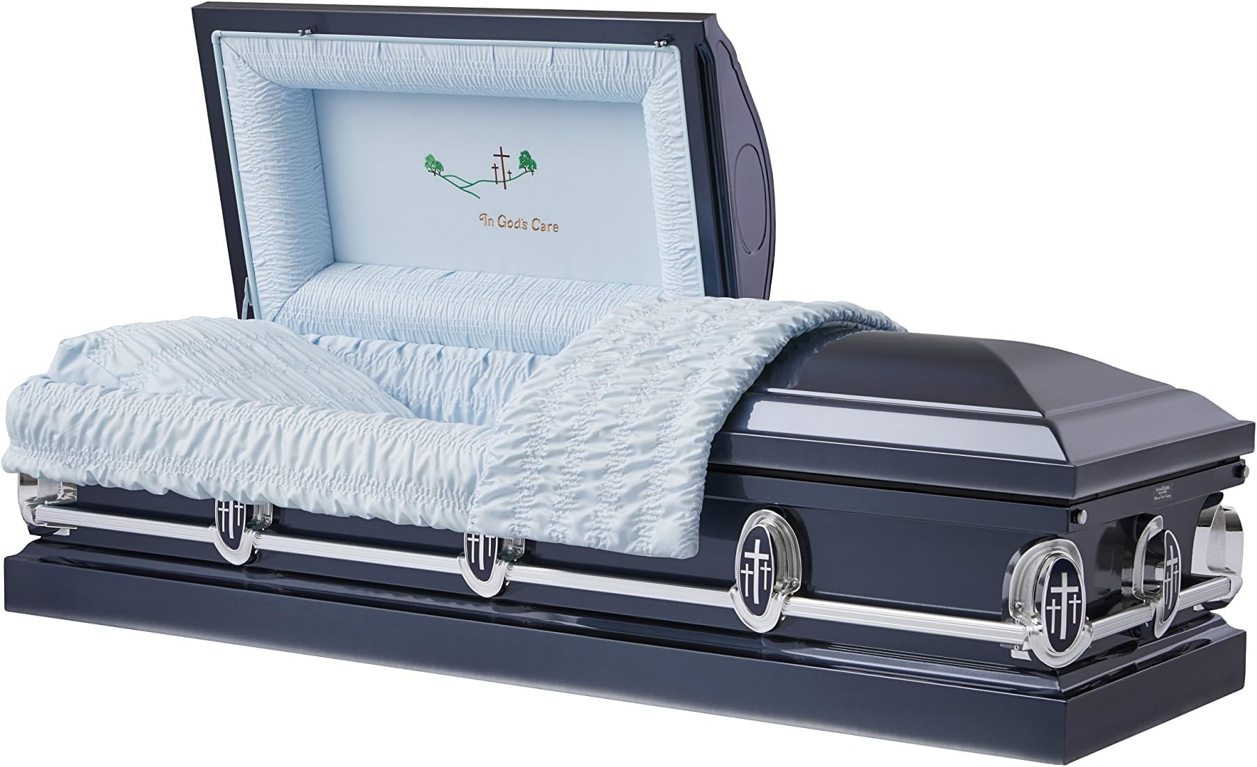Universal Casket Blue Shaded Silver Casket with "In God's Care" Embroidered Head Panel. Beautiful 18 Gauge Steel Casket. Designed Specifically for Burial. Will Fit All Standard Sized Vaults.