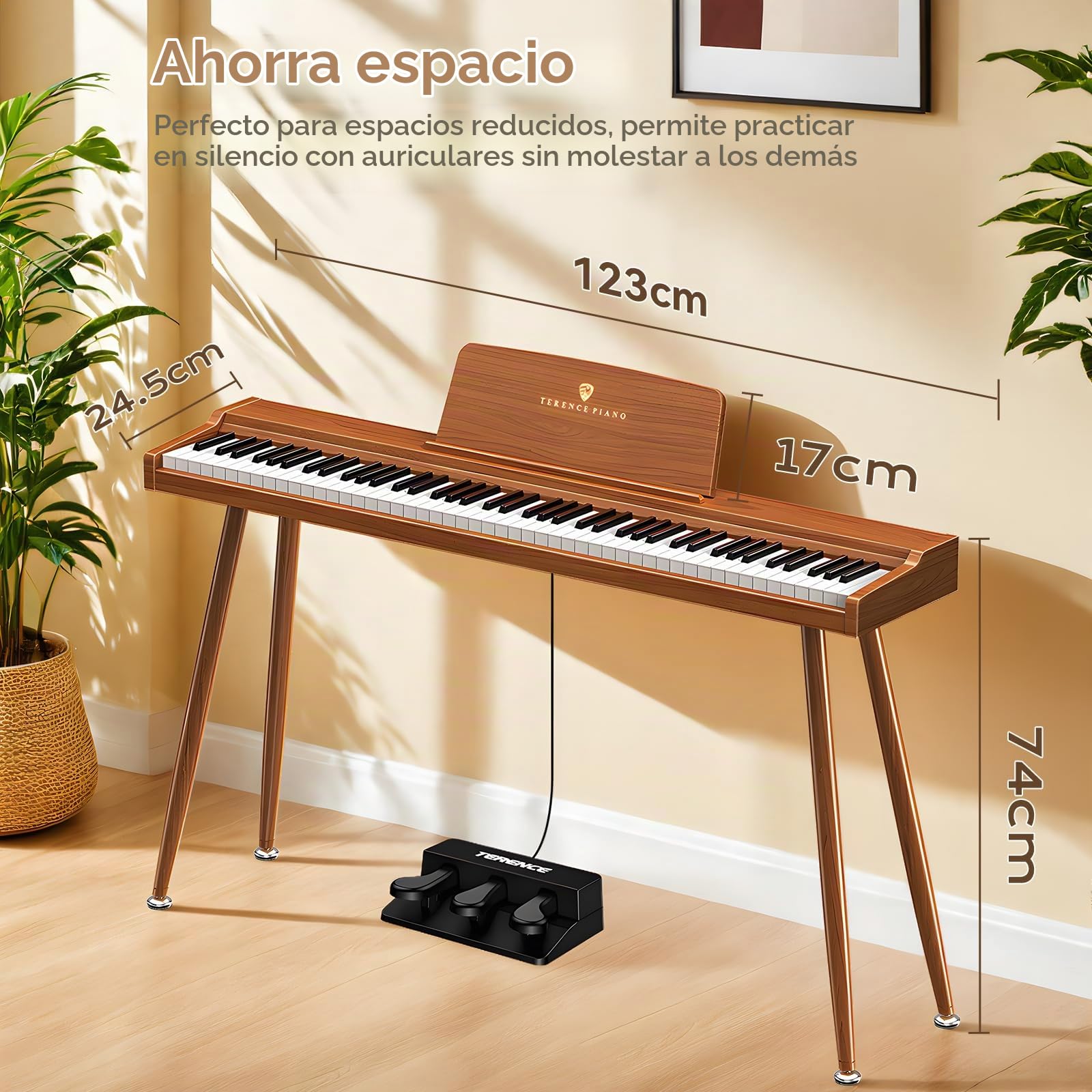 TERENCE P10 Teclado de Piano 88 Teclas Sensibles para Principiantes y Estudiantes | Sistema Triple Pedal, Altavoces 20W Estéreo, Conexión Doble Auriculares, Portátil para Hogar y Estudio