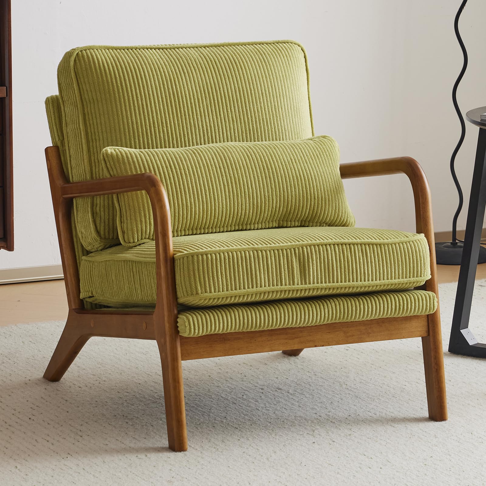 Bonnlo Accent Chair, Soild Wood Padding Lounge Armchairs, Occasional Reading Chair with Cushions and Lumbar Pillow, Armchairs for Living Room, Bedroom, Guest Room, Corduroy, Green — image 1