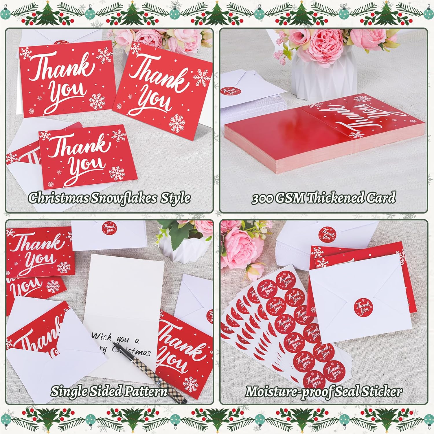 300 Pack Christmas Thank You Cards with Envelopes and Matching Stickers, 4.5x5.55 Inches Greeting Cards, Red Snowflake Thank you Cards for Xmas Wedding Graduation Business and Baby Shower