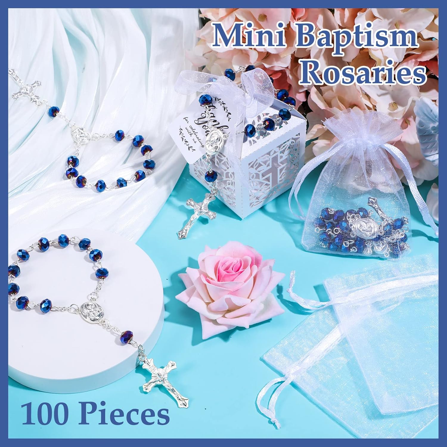 Yinkin 100 Pcs Baptism Favors Set Including 25 Mini Rosary Baptism Favors 25 Organza Bags with Drawstring 25 Thank Kraft Tags 25 Boxes for Christening Party Wedding Supplies Gifts(Blue) - Image 5