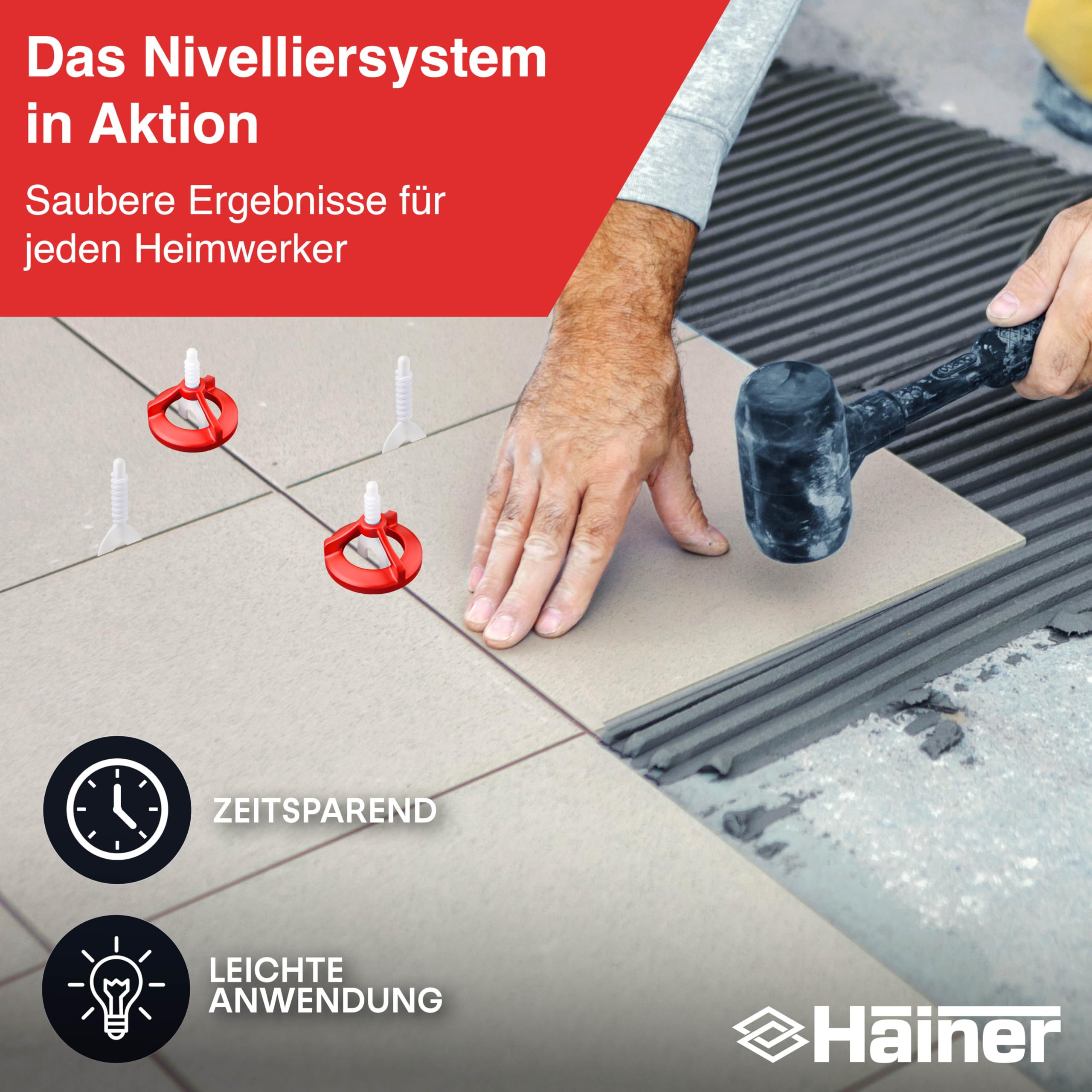 Hainer® Premium Fliesen Nivelliersystem Fliesenverlegehilfe | Saubere Fugen durch perfekte Abstandshalter, für Heimwerker & Profis inkl. Ebook und Anleitung (Set 100 Hauben + 200 Laschen, 2mm)