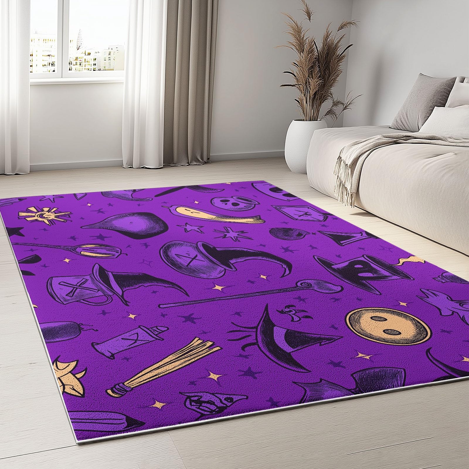 Dywan do salonu, 160 x 230 cm, antypoślizgowy, niskie runo, nie gubi włosia, graffiti, magiczna różdżka, świeca, dywan do jadalni, domowego biura, sypialni, fioletowy