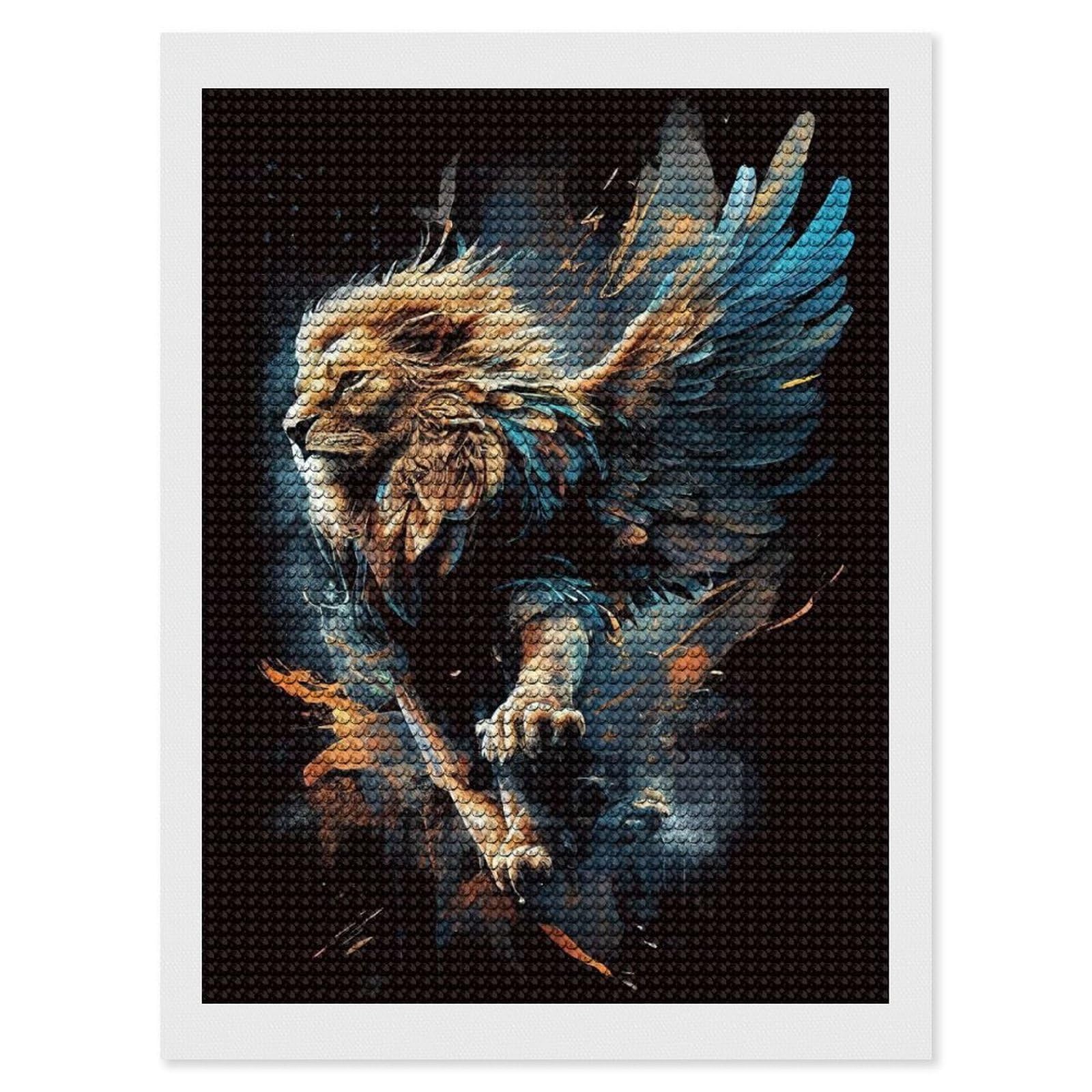Junmoney Flying Lion Diamond Painting Set 12"x16", Neat Printed Canvas, with Tool Kit, Bedroom Decor, Gift Idea, Complete Accessories