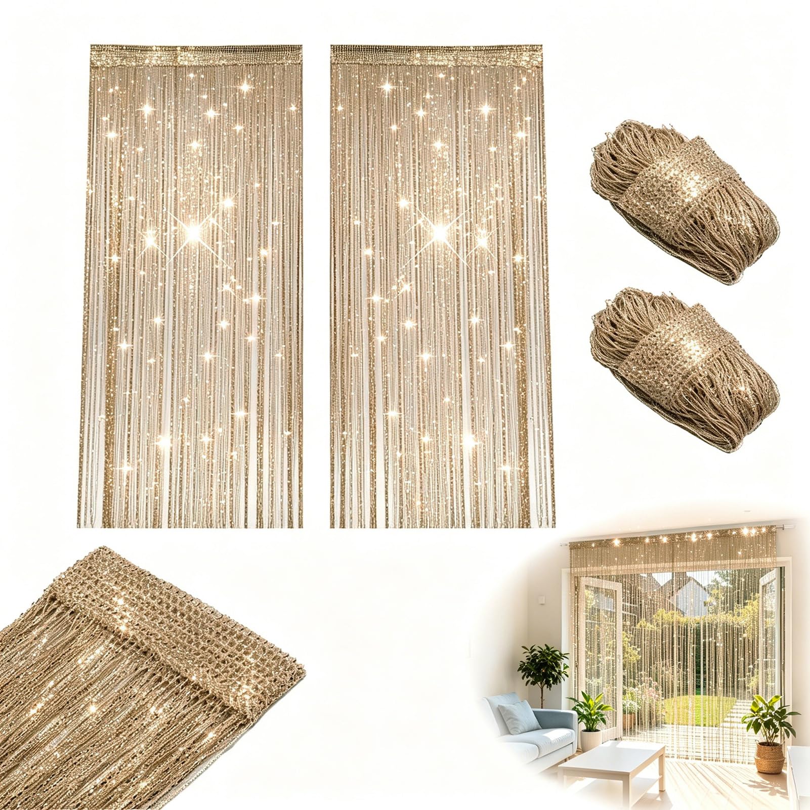 Crafthaven 2 Pack String Door Curtains, 100 x 200cm String Curtain Panel Glitter String Doorways Divider Door Screens for Living Room Bedroom Party Decorations (4, Champagne)