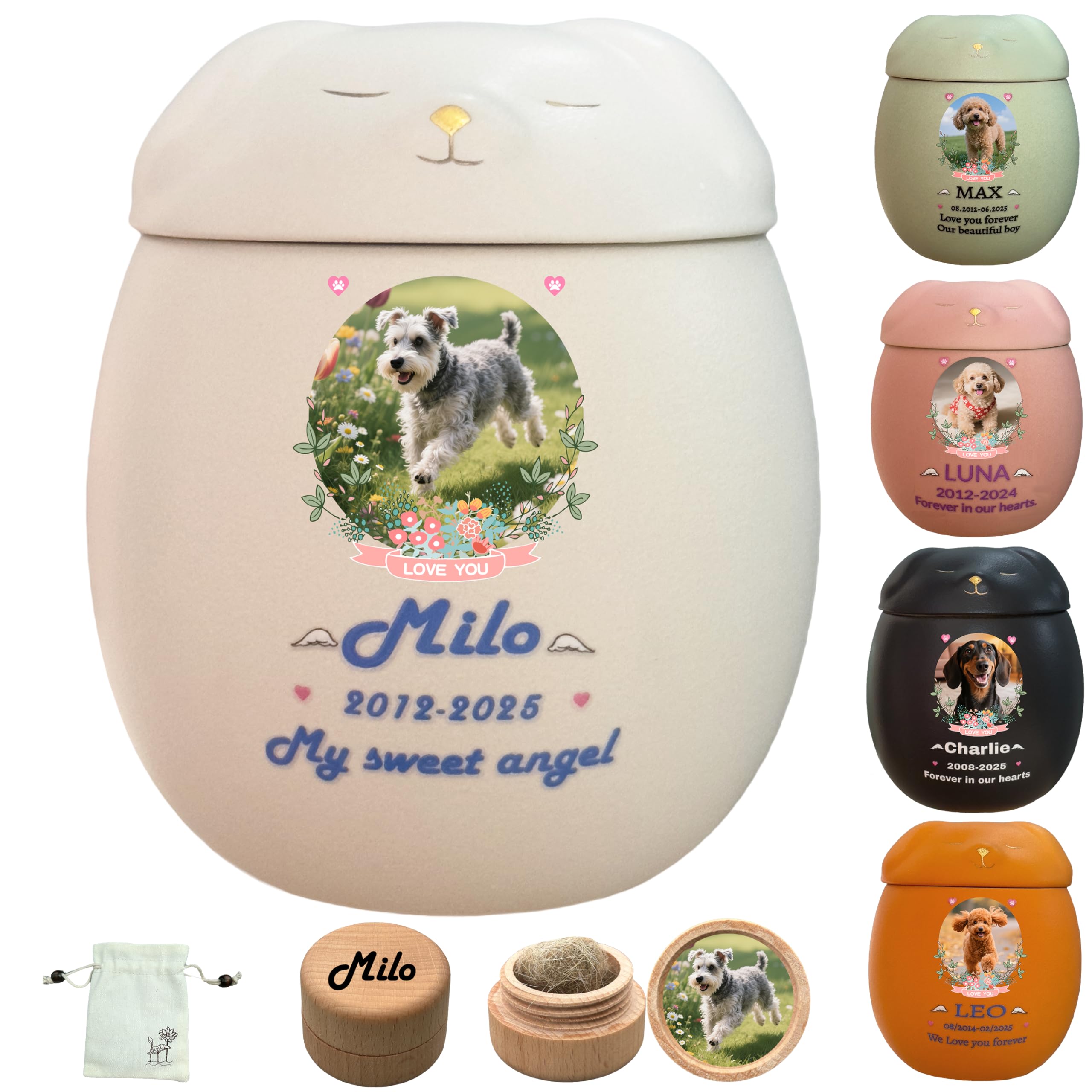 Generic Personalized Dog Urn, Ceramic, Small White, Small (≤22 lb ashes), Smiling Dog Design, Moisture-Proof Sealing, Free Ash Bag & Hair Commemorative Box — image 1