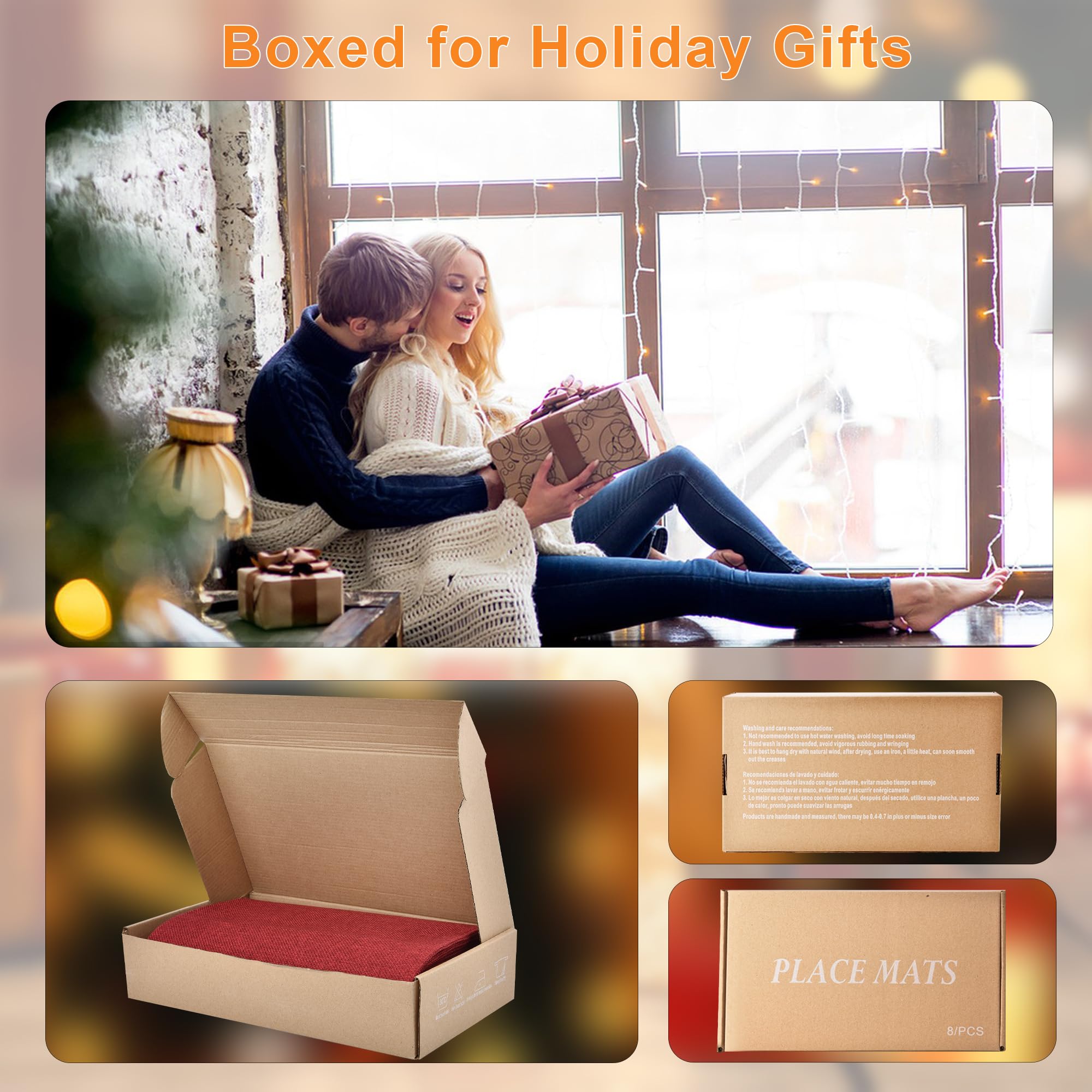 SLKQG Christmas Linen Fabric Placemats Set of 4 - Holiday Dining Table Mats for Festive Decor, Heat Resistant & Machine Washable, Place Mats for Dinner Parties, Xmas Gift for Home (4, Wine Red)