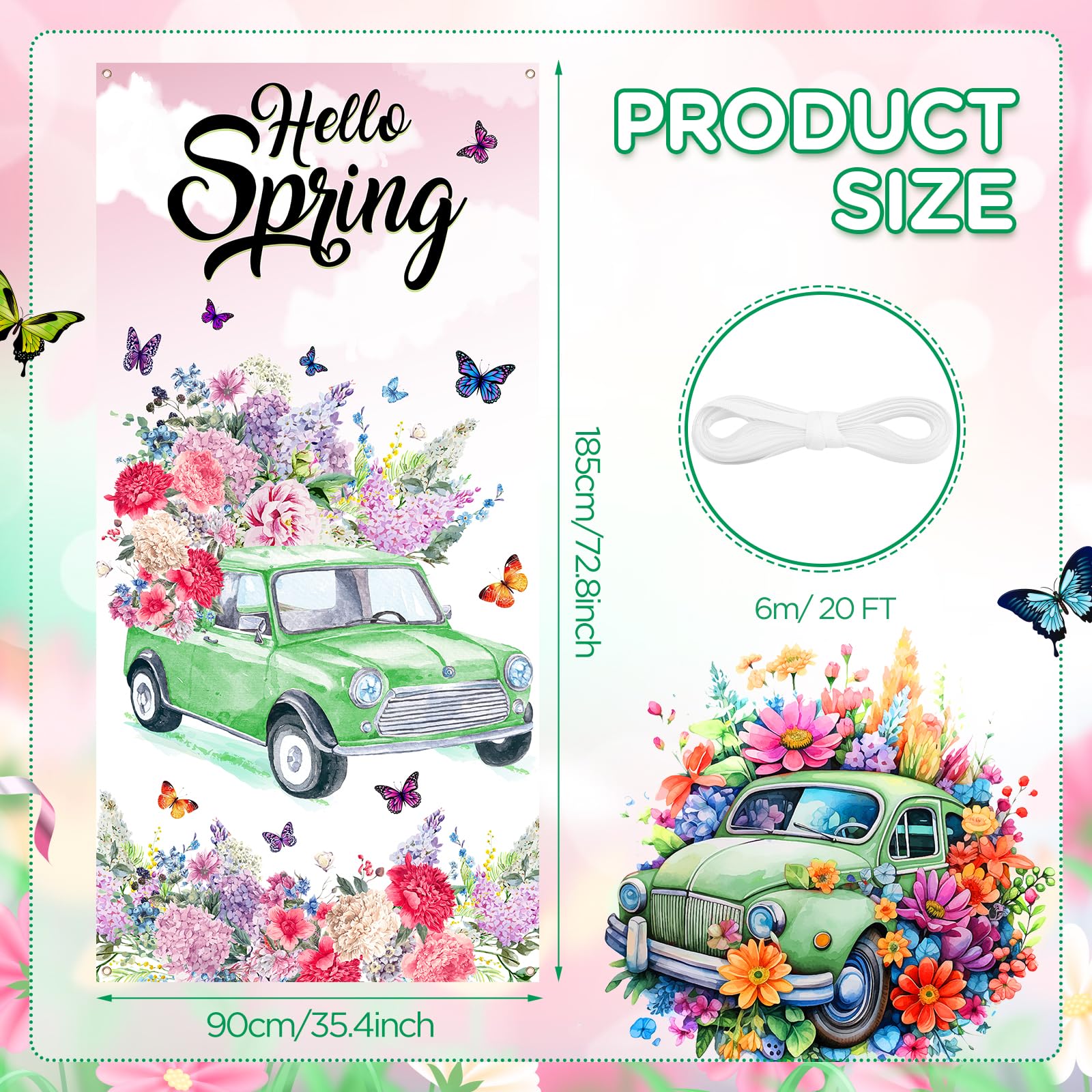 Hello Spring Türabdeckung – Buntes Blumen-Banner Mit Schmetterlingen Für Die Haustür (185x90 Cm)