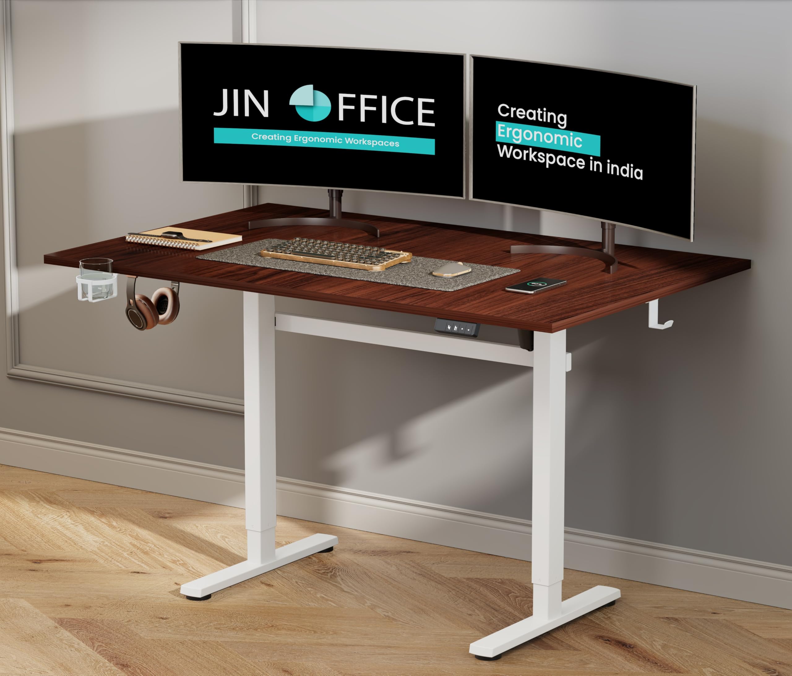 JIN OFFICE Octave Electic Height Adjustable Desk | Sit Stand Table, 80 Kg Wt. Cap, 2 Year Warranty| Standing Desk with Cup Holder, Memory Preset| Stability Crossbar| Brown 1500 * 750mm/25mm Thick Top