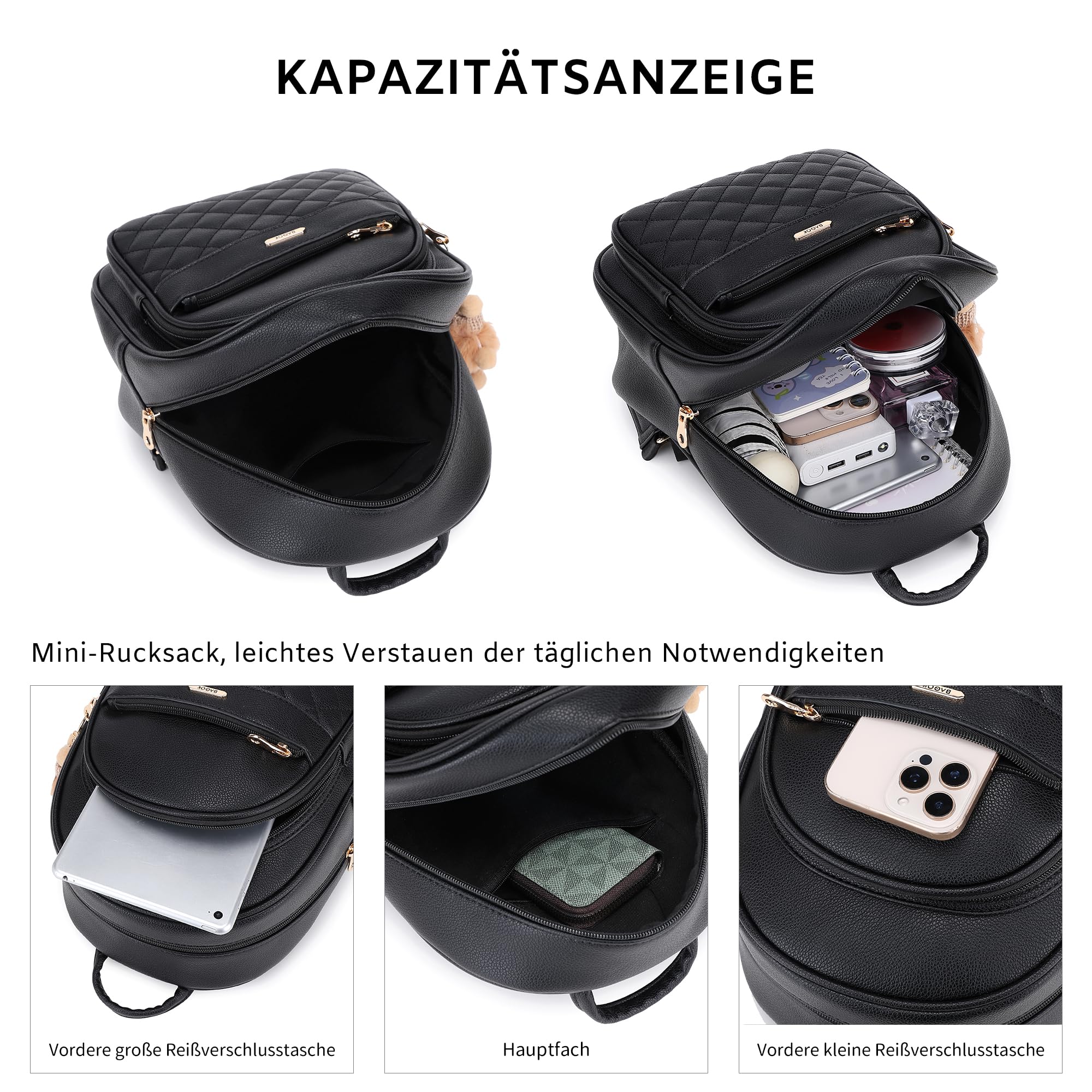 BAGOK Mini Rucksack Damen Klein – Eleganter Kunstleder Rucksack mit Steppoptik, Plüschanhänger & Quaste – Für Frauen & Mädchen im Alltag & auf Reisen(Schwarz)