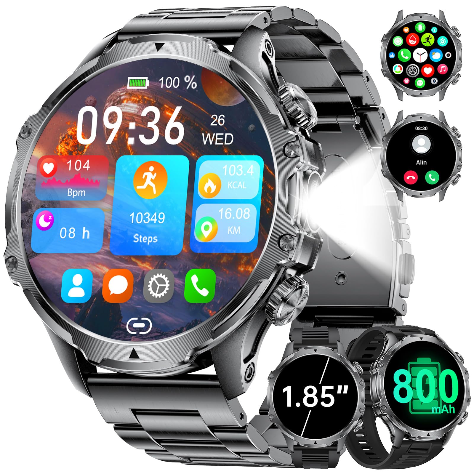Smartwatch Herren 800 mAh Akku,1.85'' Großes Display/LED Taschenlampe mit Telefonfunktion,IP68 Wasserdicht Fitnessuhr mit 110+ Sportmodi Herz-/Schlaftracking für Android iOS