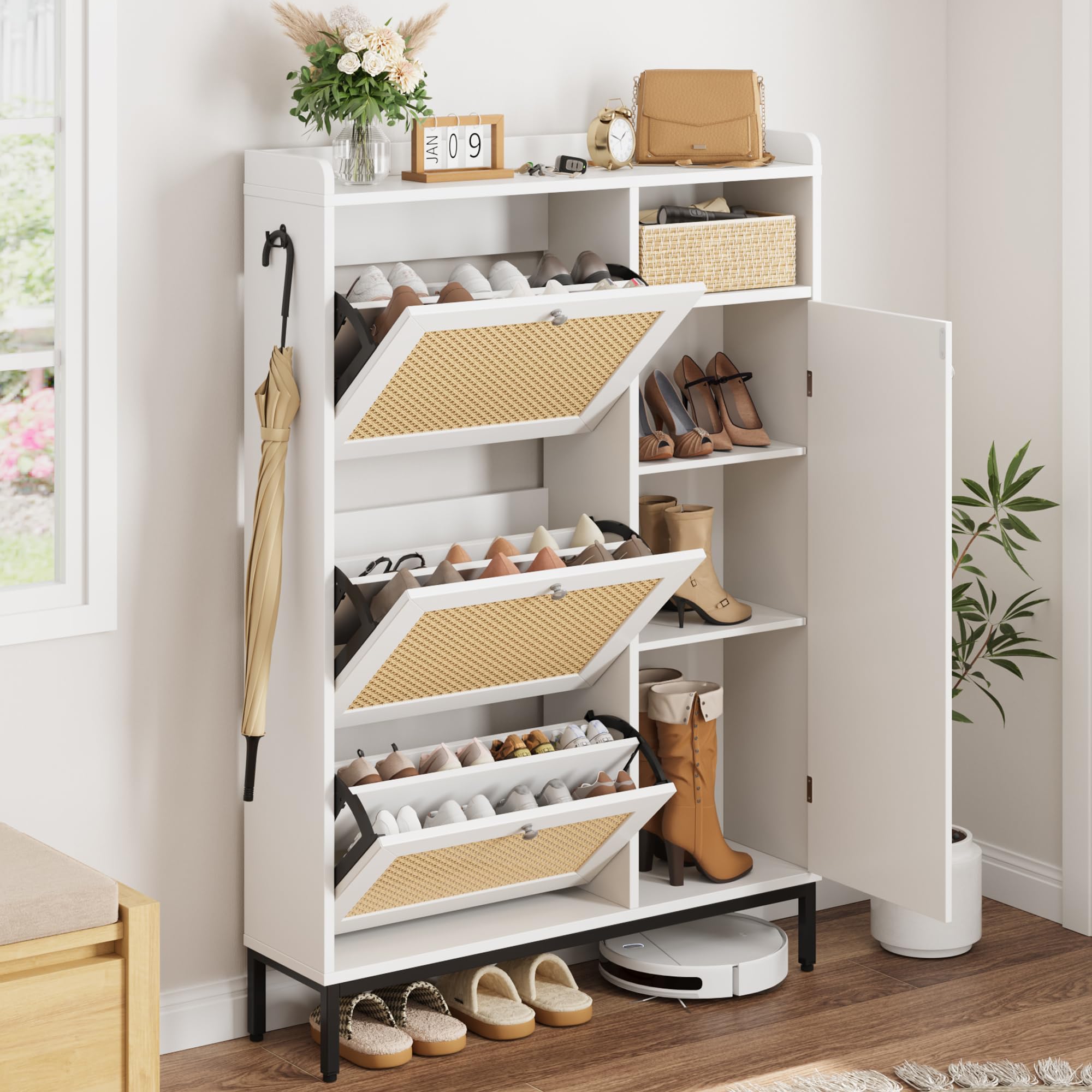 Photo 1 of ***MISSING PARTS-ONLY****GarveeHome Shoe Cabinet Rattan with 3 Flip Drawers and 4-Tier Shoe Storage Cabinet, Freestanding Shoe Organizer with Adjustable Shelves for Entryway, Closet, Hallway (White)